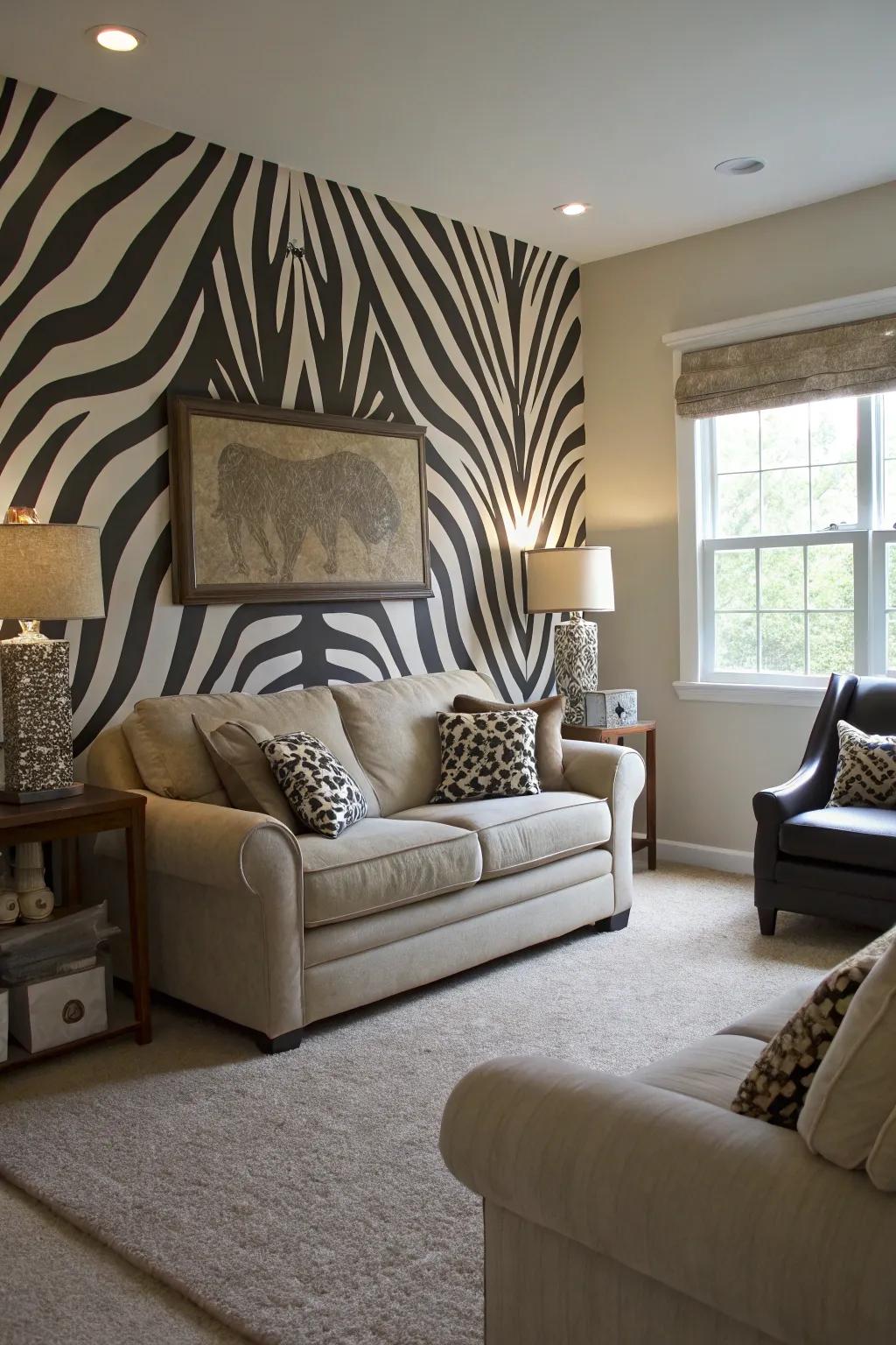 A living room dominated by a bold zebra-striped feature wall.