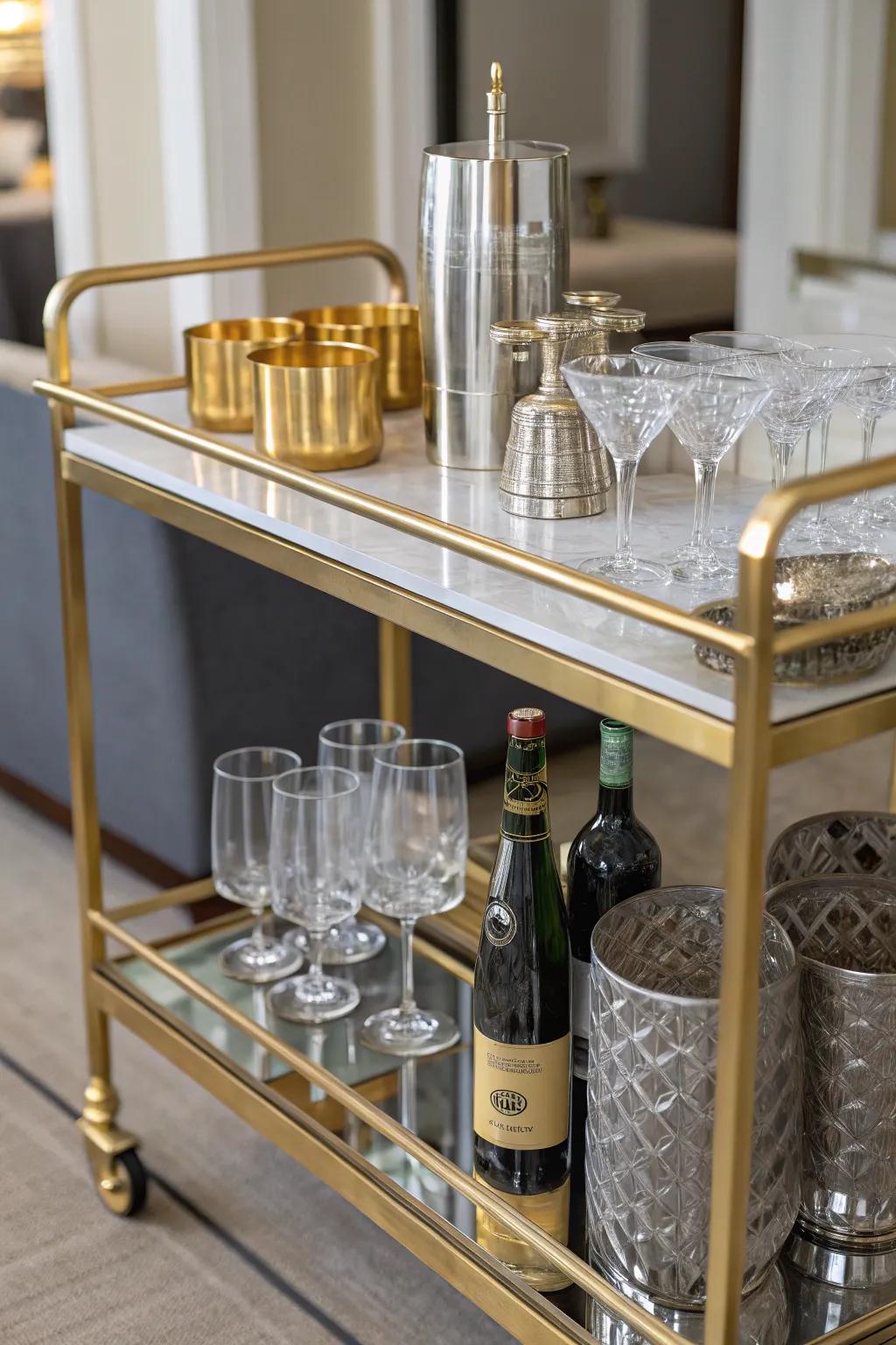 Glamorous metallic accents elevate the bar cart.