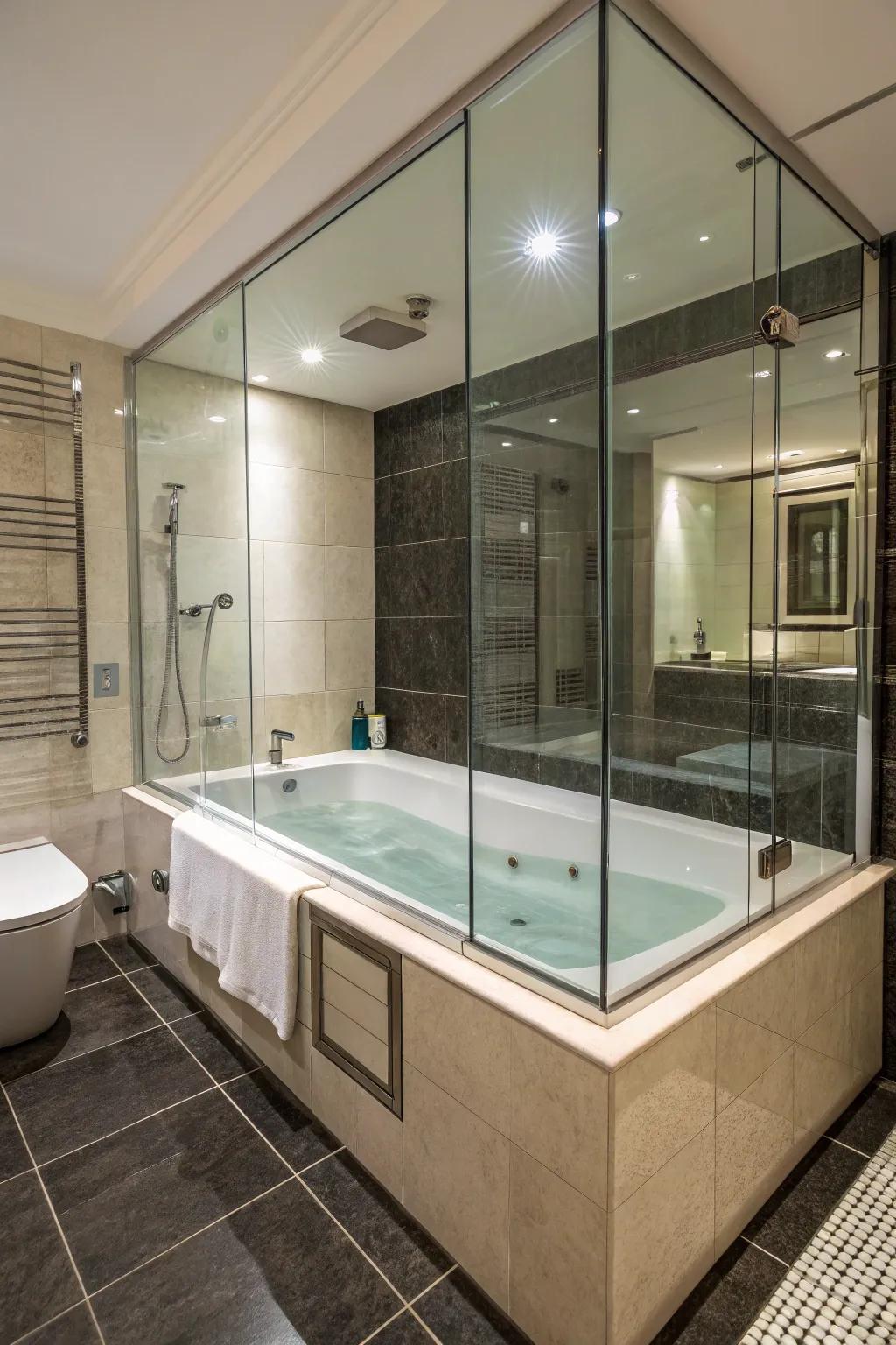 Glass enclosures provide a modern and open feel in the bathroom.