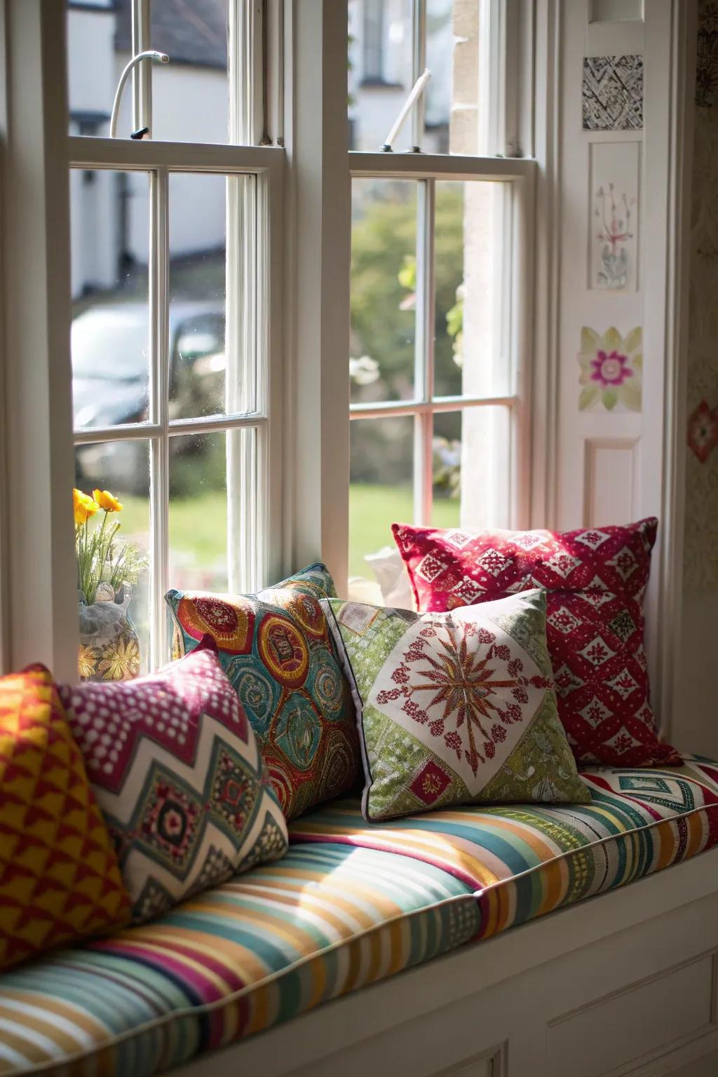 An eclectic mix of cushions adds personality and flair to your window seat.