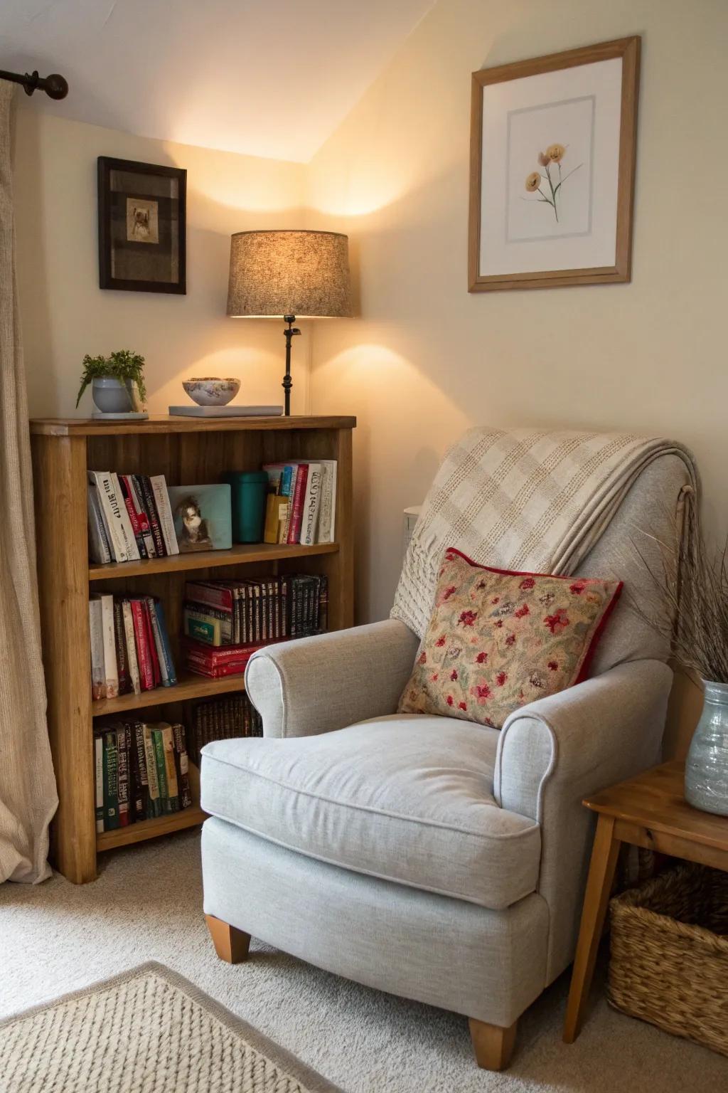 A reading nook offers a peaceful corner for relaxation.