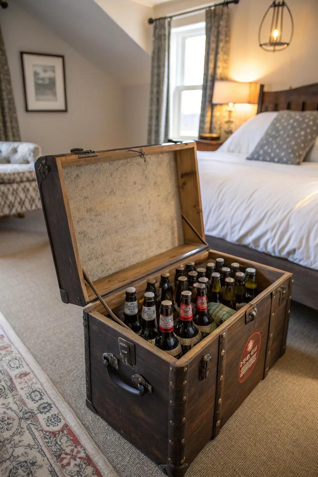 An antique trunk in the bedroom storing beer bottles, adding vintage charm.