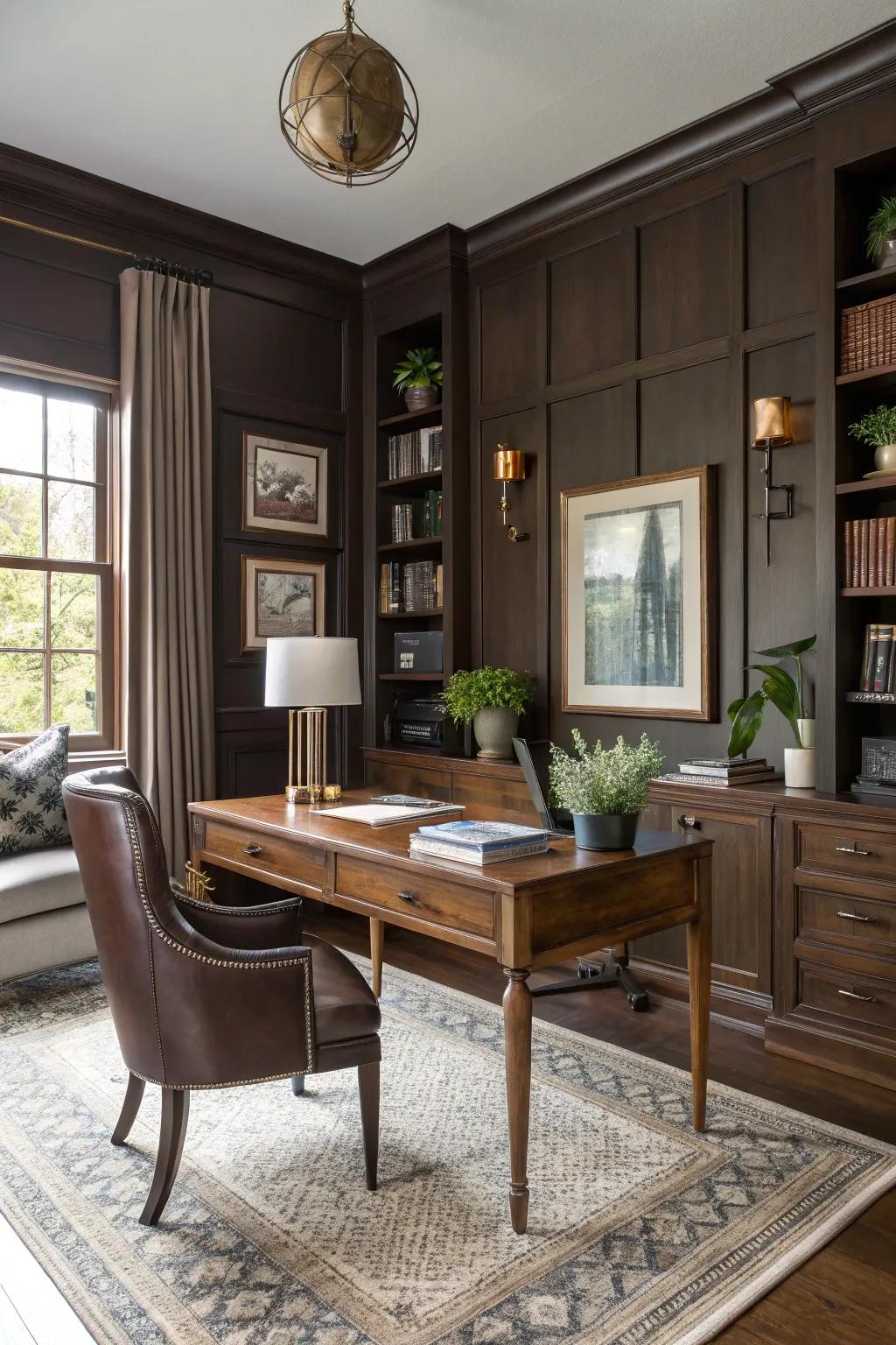 A sophisticated workspace with deep brown walls.