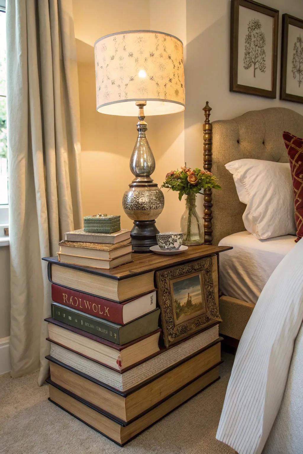A stack of grand books as a bedside table introduces a playful touch to any bedroom.