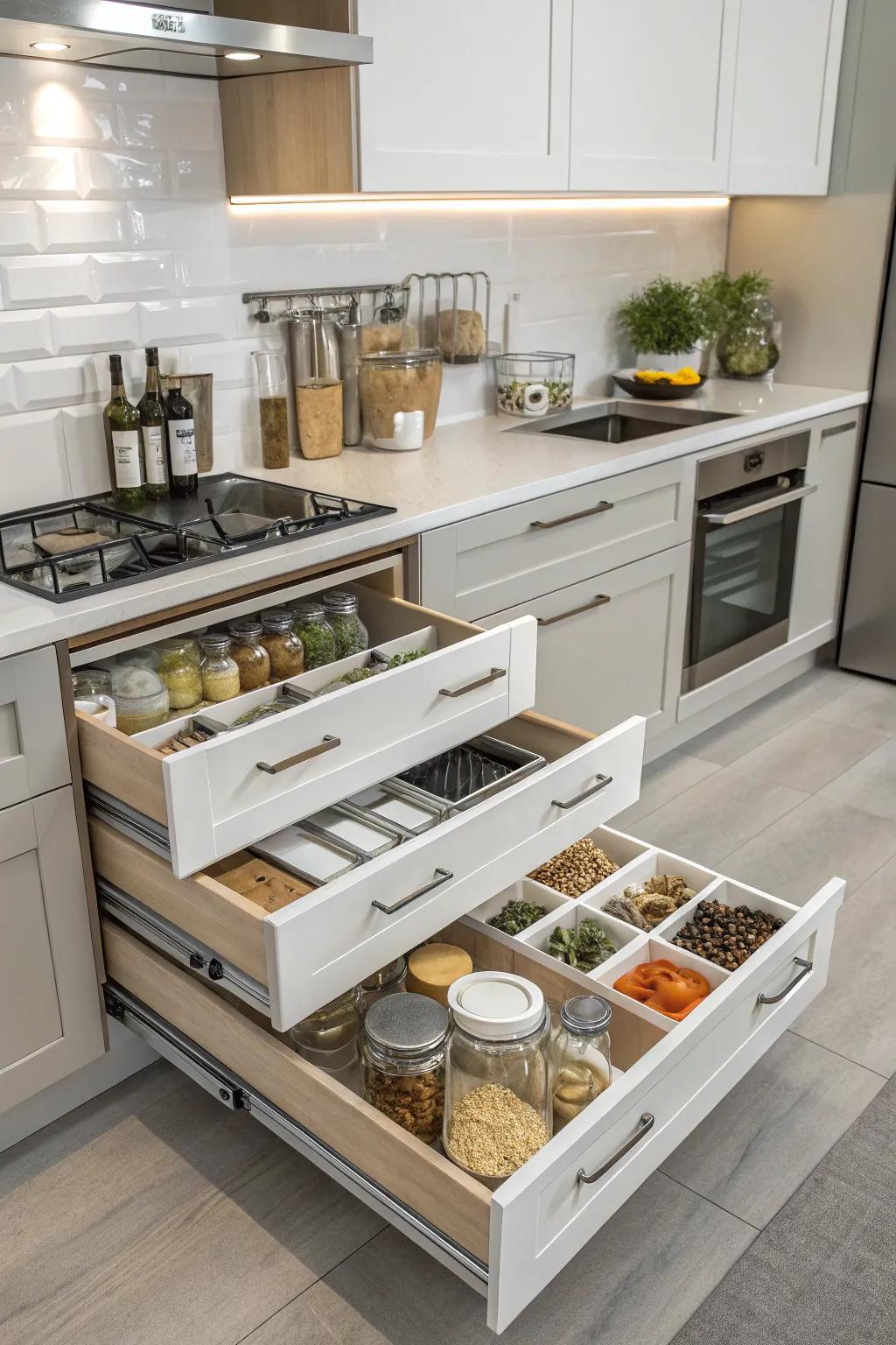 Smart storage solutions ensure an organized kitchen.