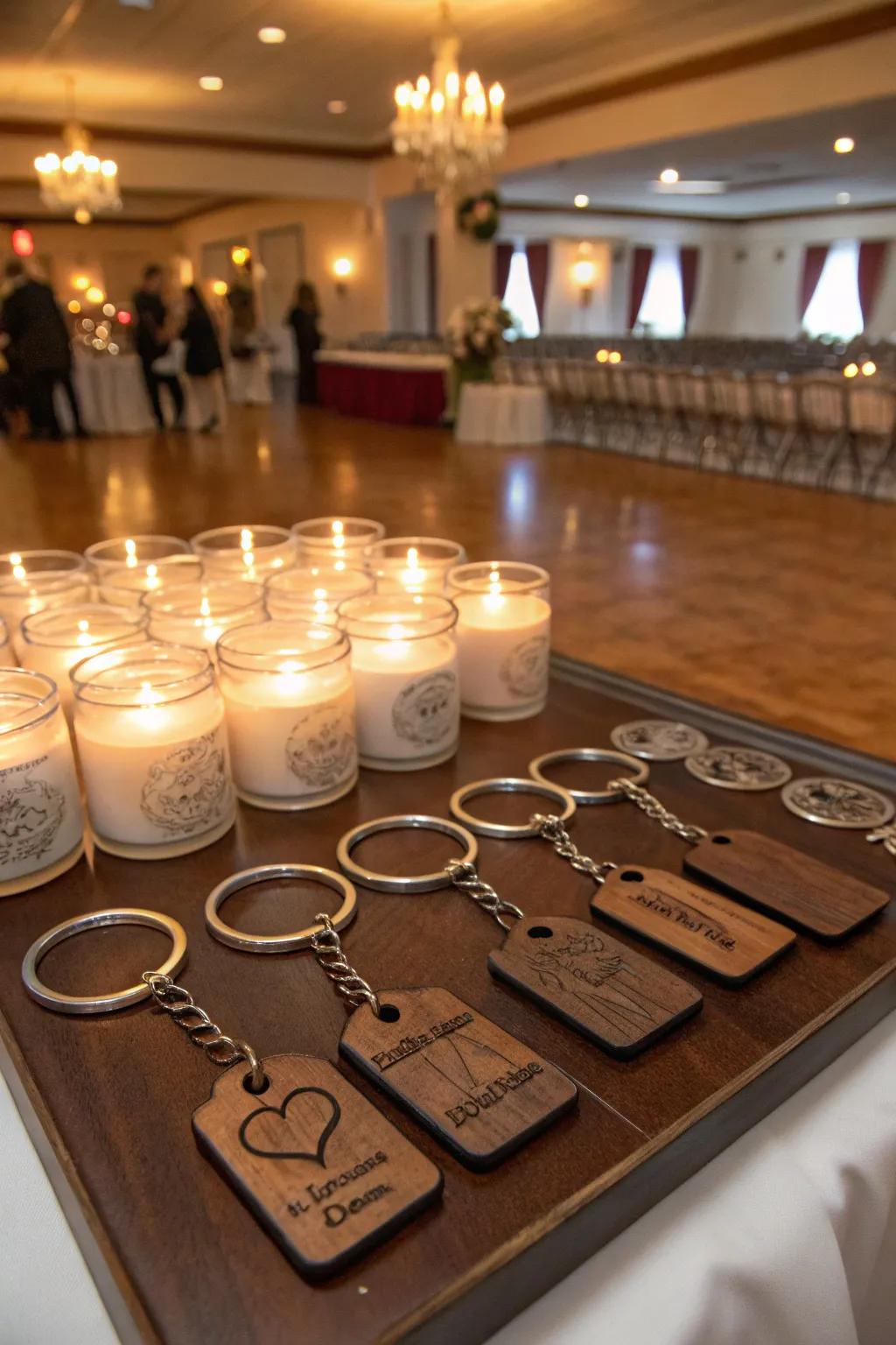 Customized party mementos offer a personal and memorable touch.