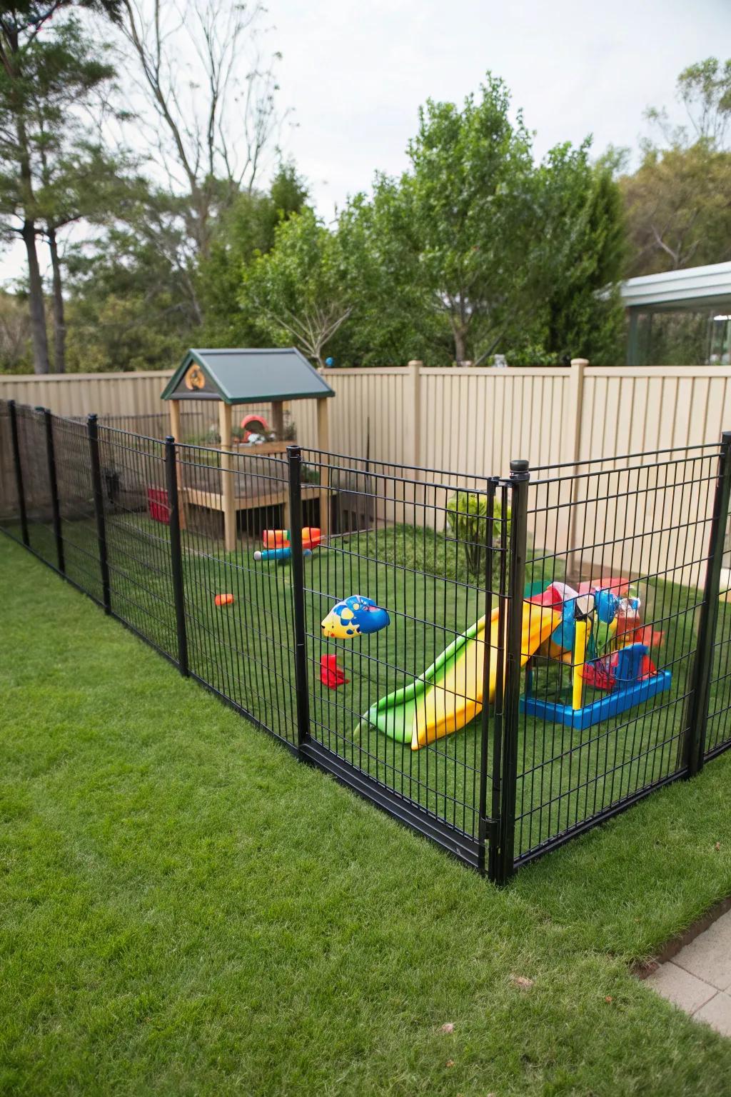 Design a safe play area with a black wire fence for your kids.