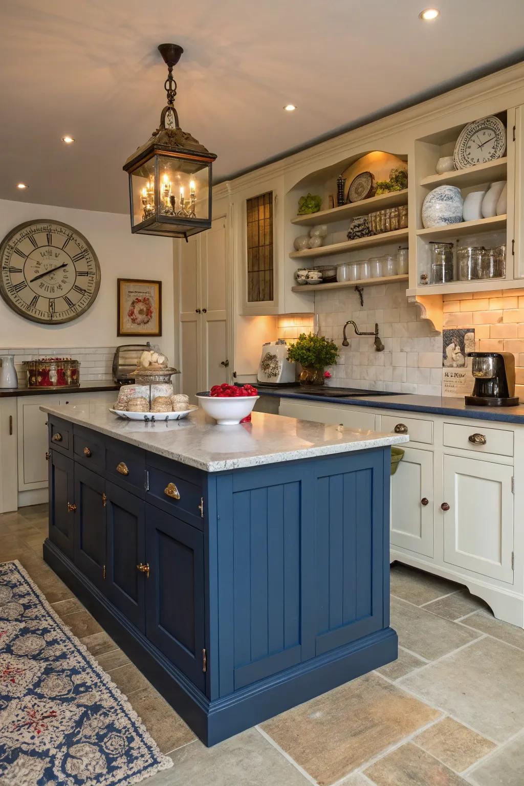 A deep blue island brings vintage charm to this inviting kitchen.