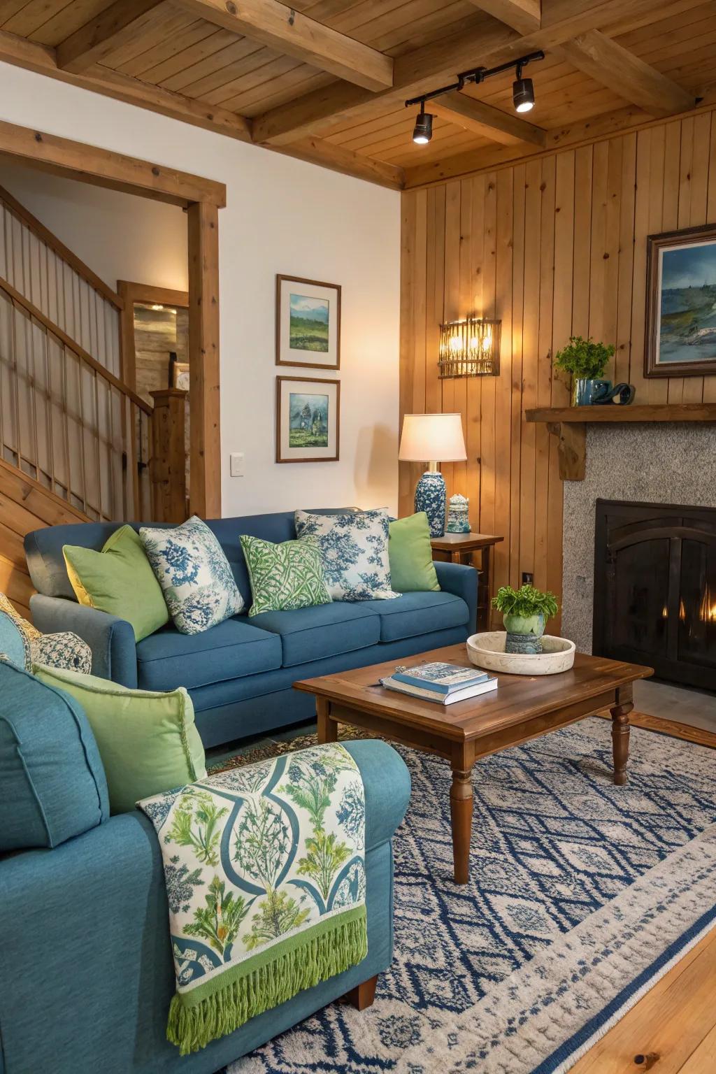 Blue and green accents bring a fresh and lively feel to this welcoming living room.