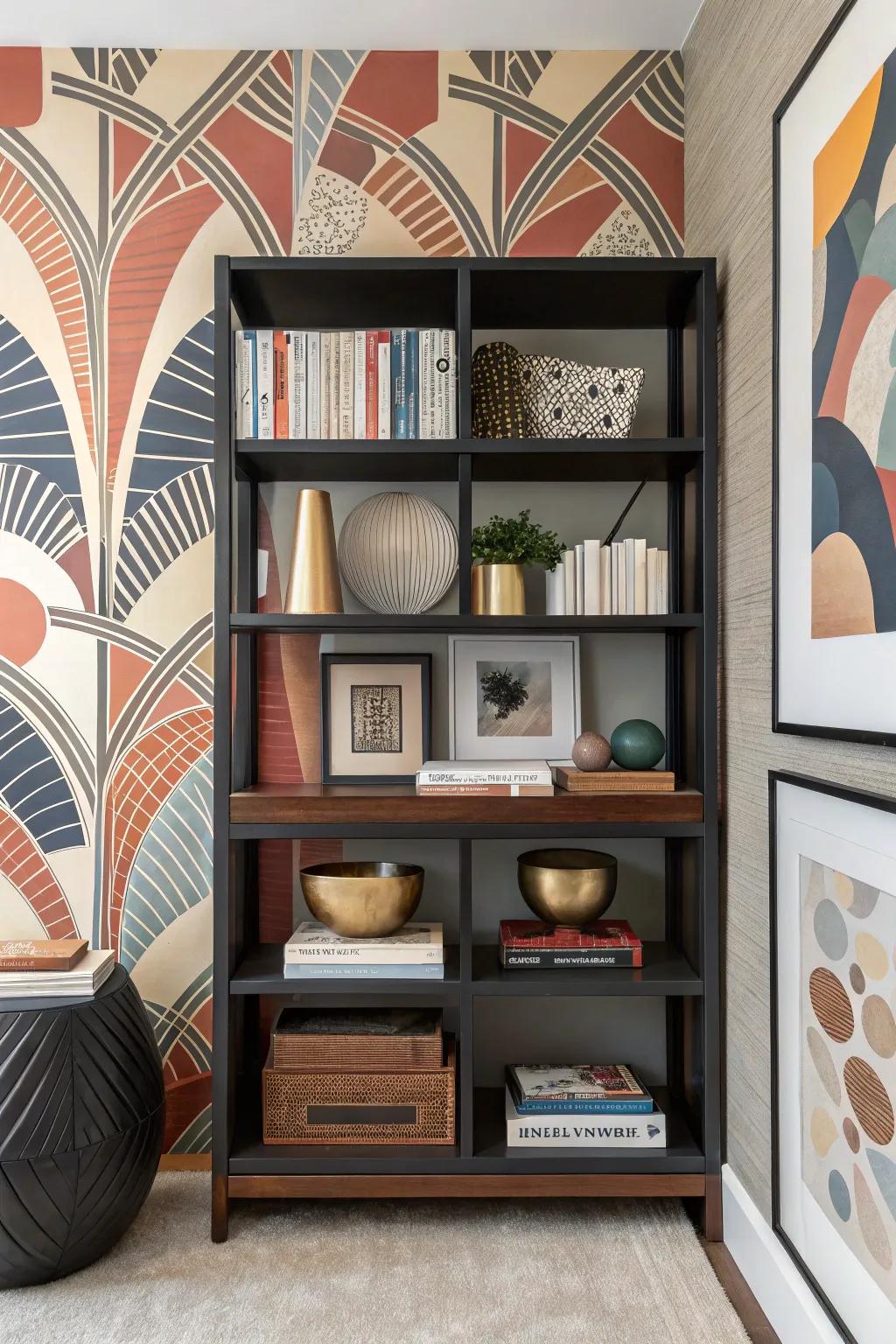 Bookshelf showcasing abstract art wallpaper, projecting an audacious and artistic assertion.