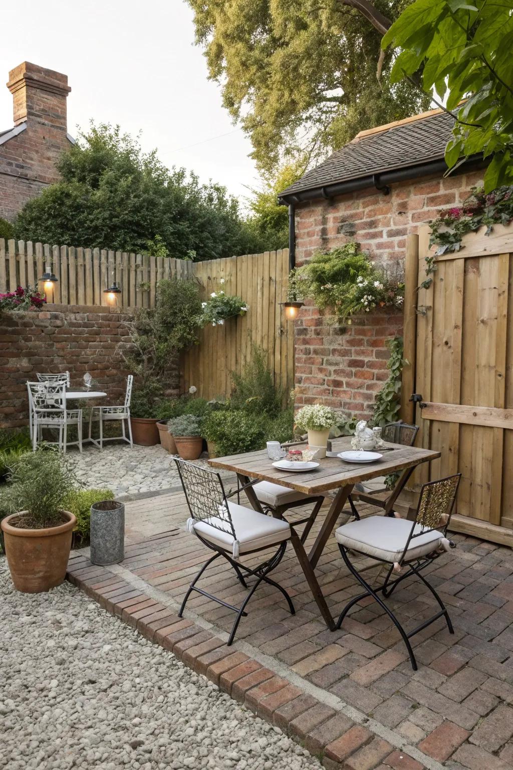 Brick and gravel combinations create rustic and charming outdoor spaces.