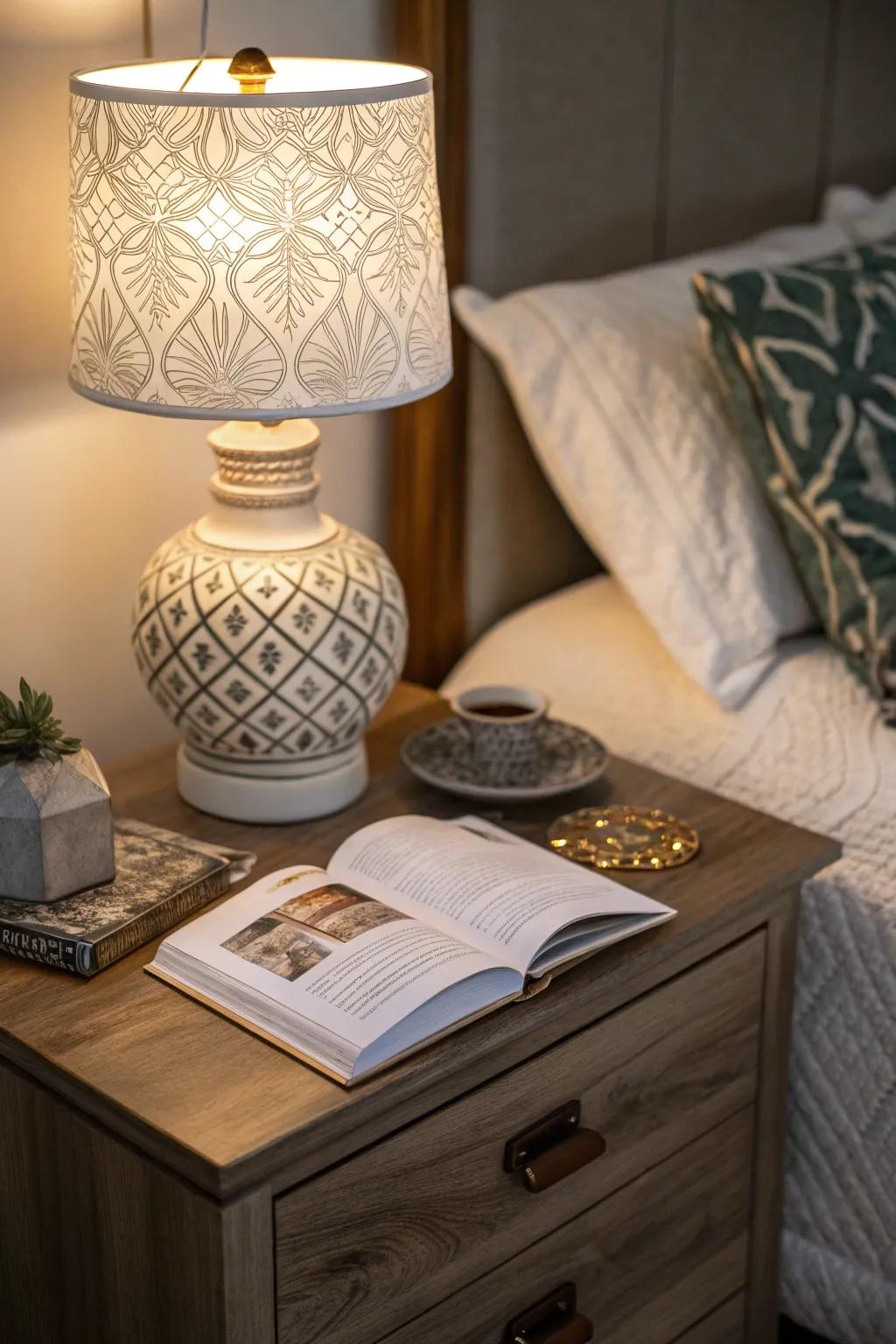 A styled nightstand adds elegance and simplicity to the space.