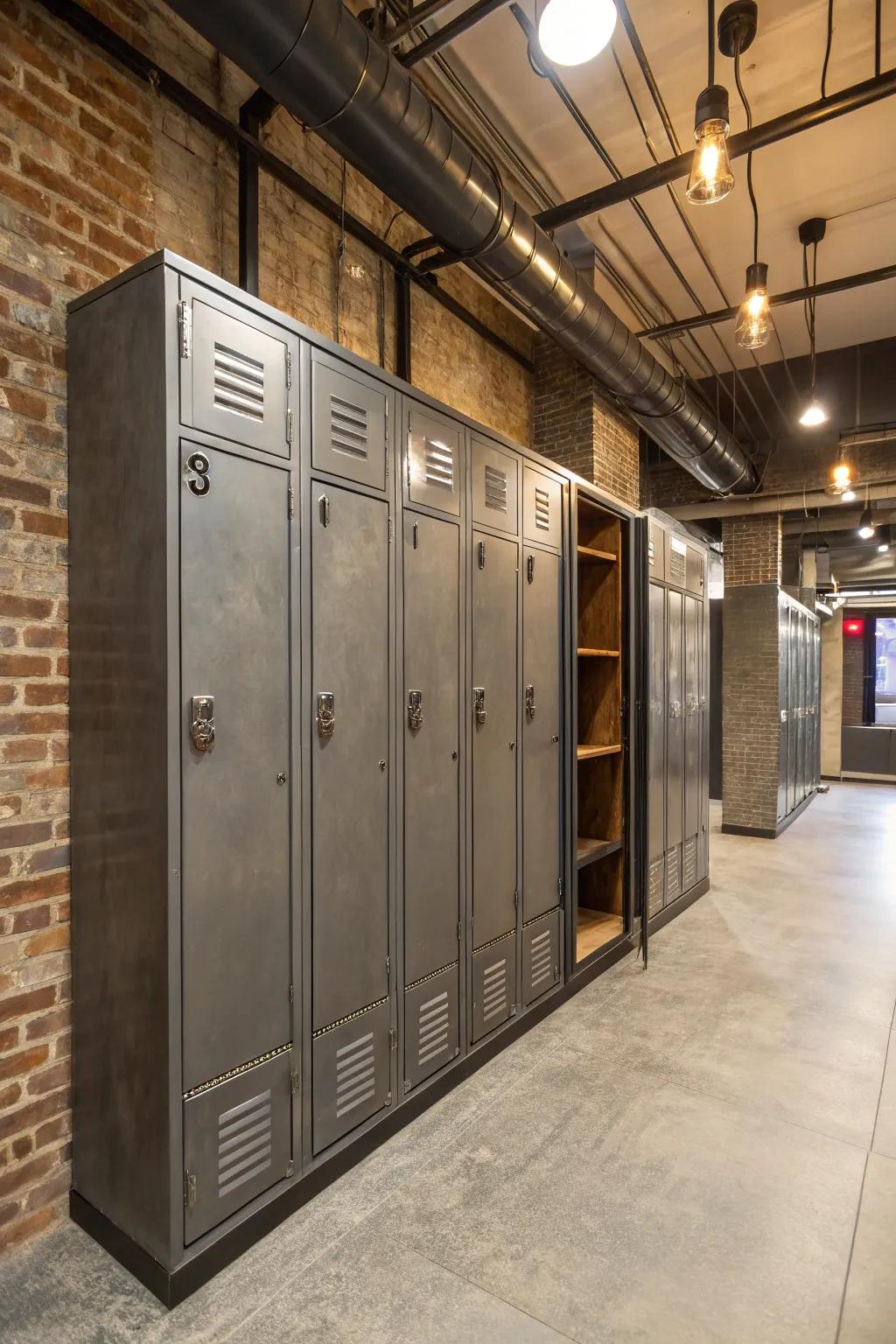 Industrial chic with metal-accented built-in lockers.