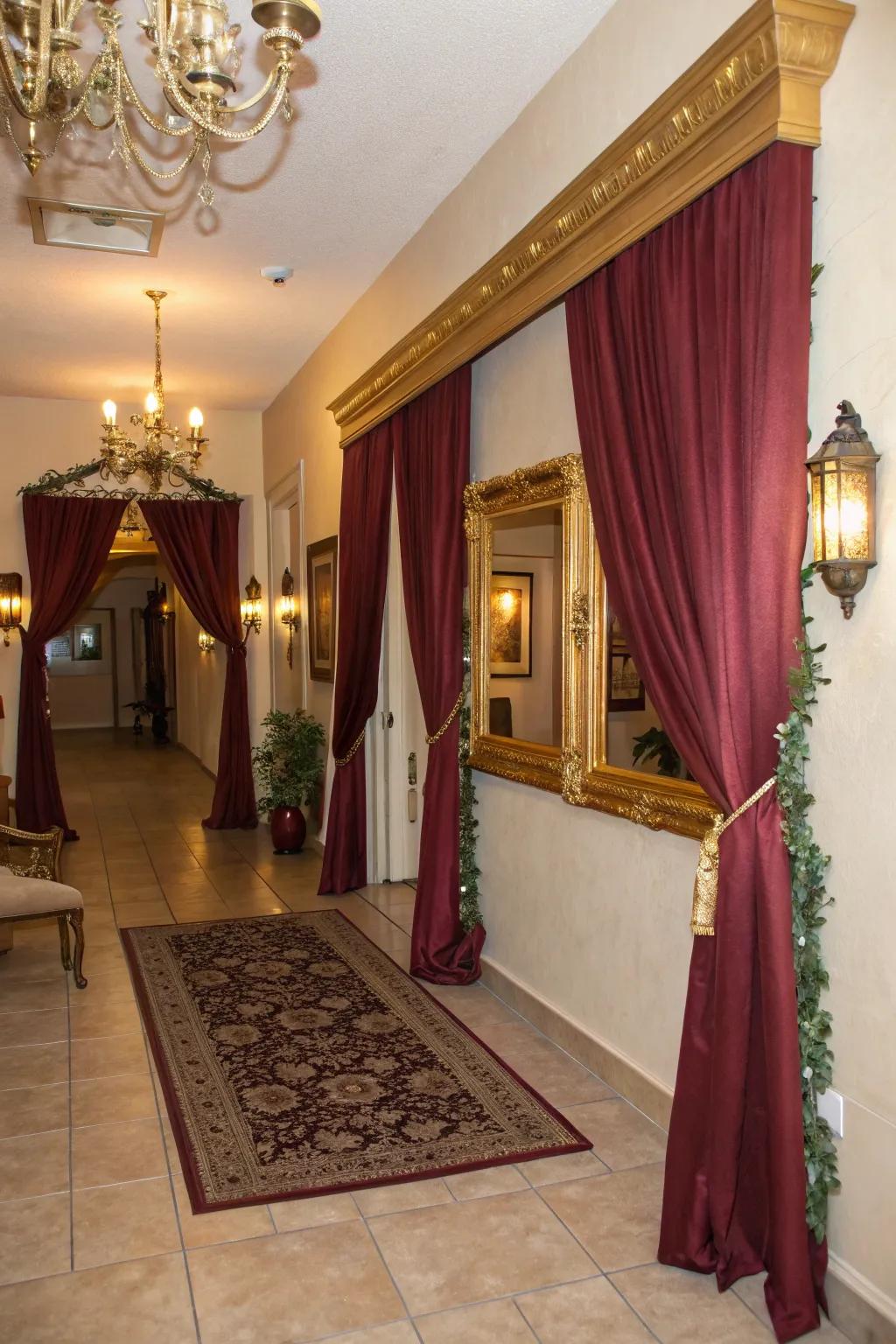 An inviting entryway with burgundy and gold decor sets the mood for the event.