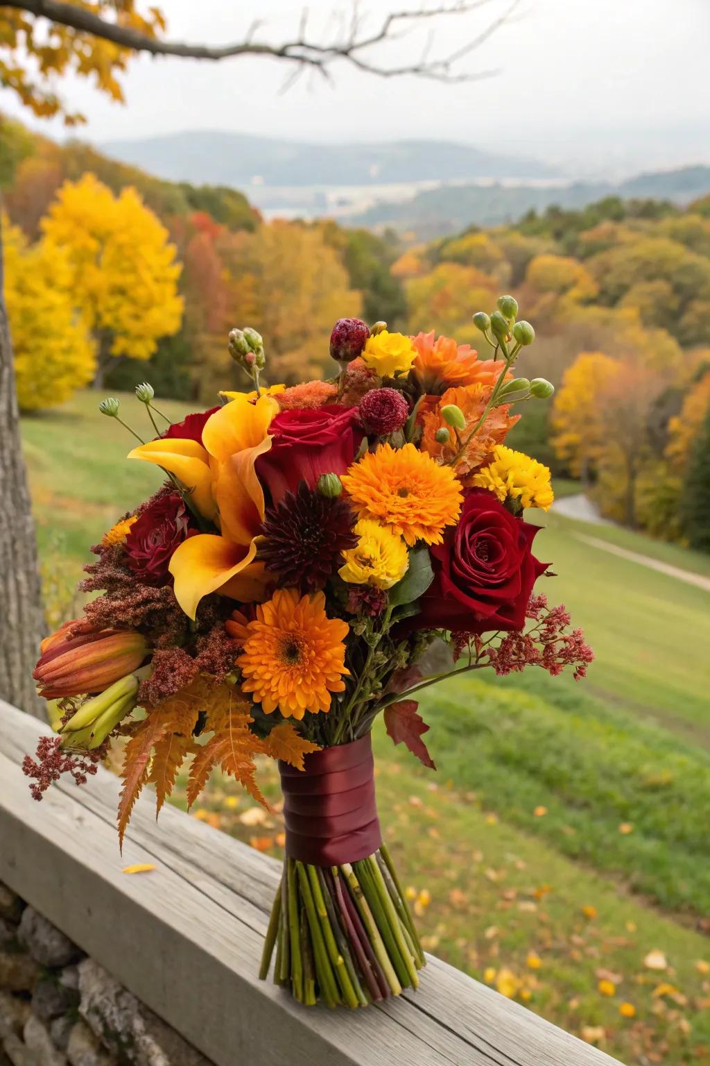 Bold bouquet with burgundy, orange, and yellow flowers.