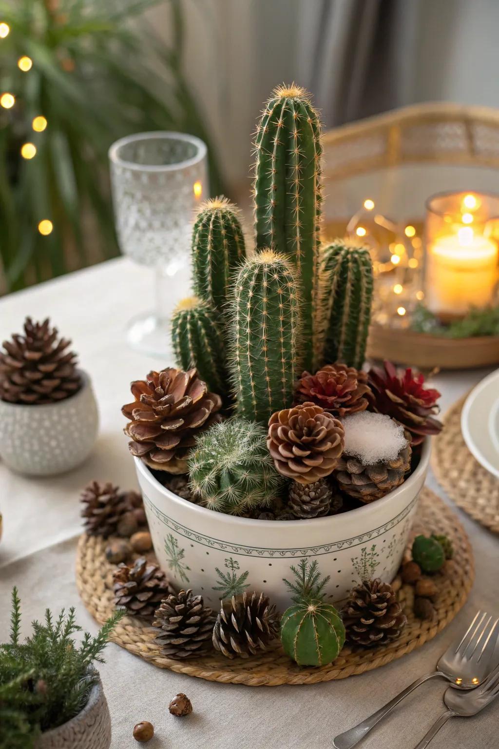 Cacti paired with seasonal accents impart festive flair to the table.