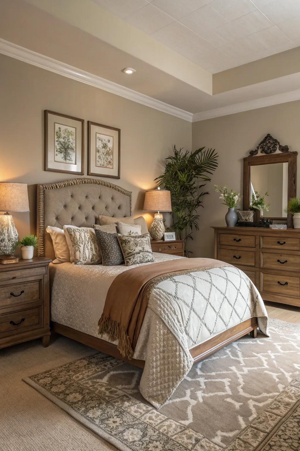 Taupe walls offer a versatile and calming backdrop.