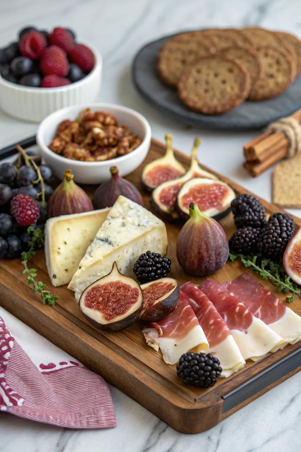 A gourmet impression creating a sophisticated charcuterie arrangement.