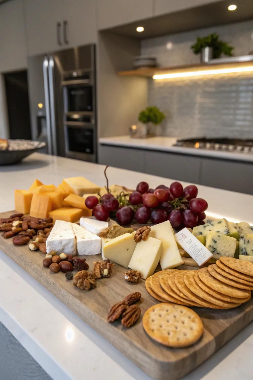 A cheese board featuring crunchy nuts.