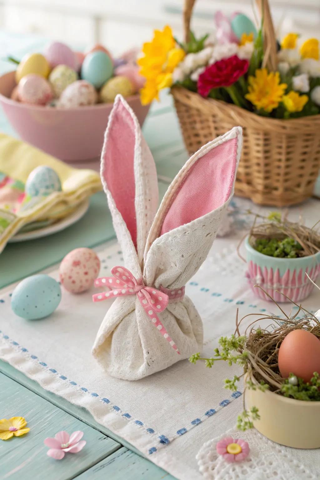 The hare ears napkin fold, whimsical and fun for spring.