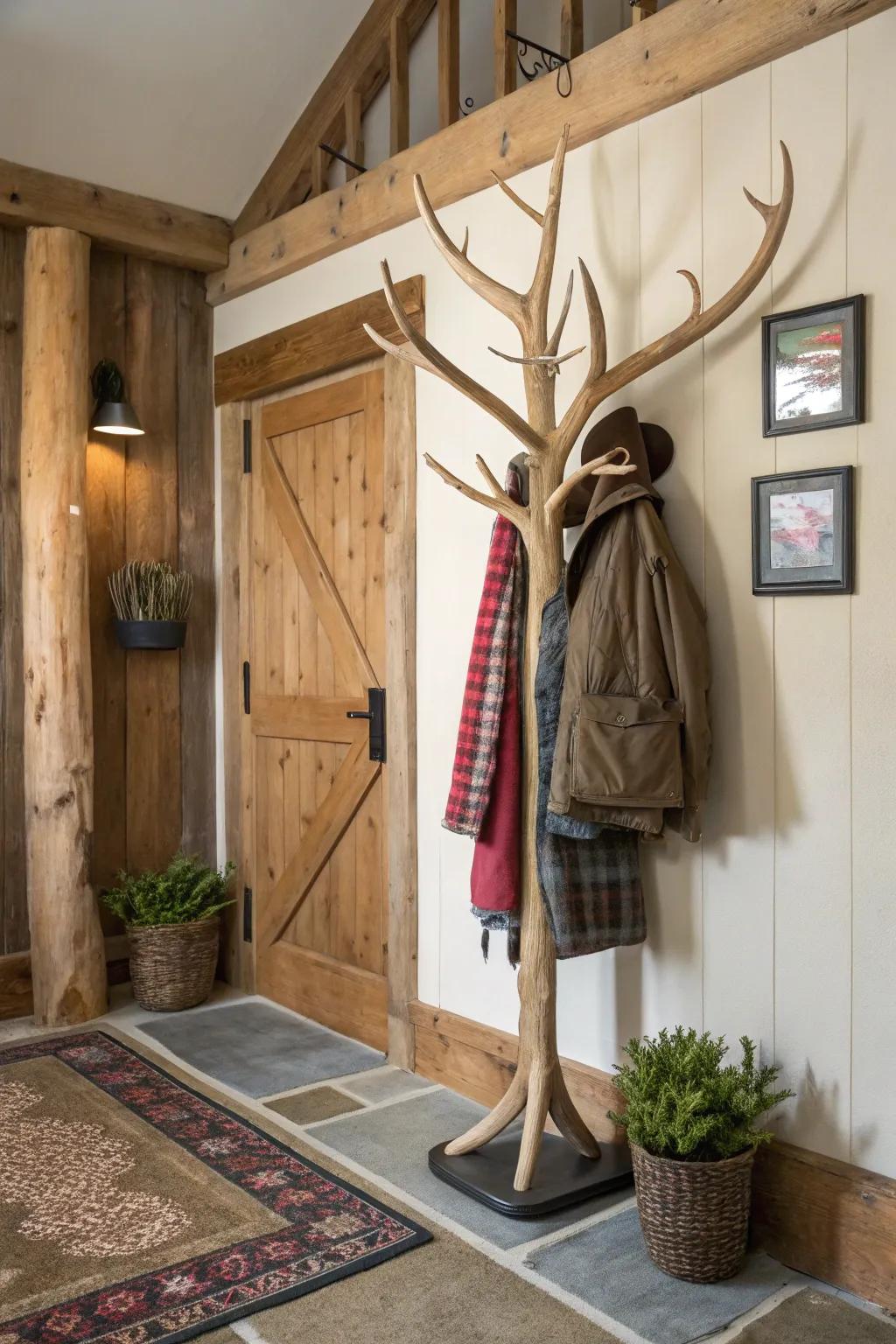 A playful faux antler coat rack adding a whimsical touch to rustic décor.