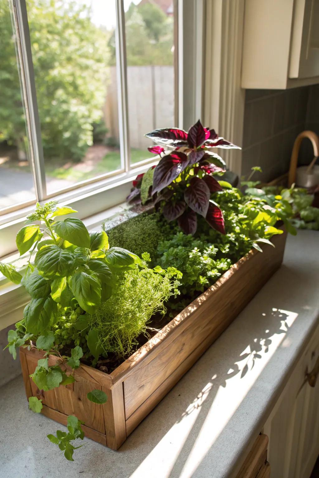 Painted nettle and herbs merge beauty and function in window boxes.