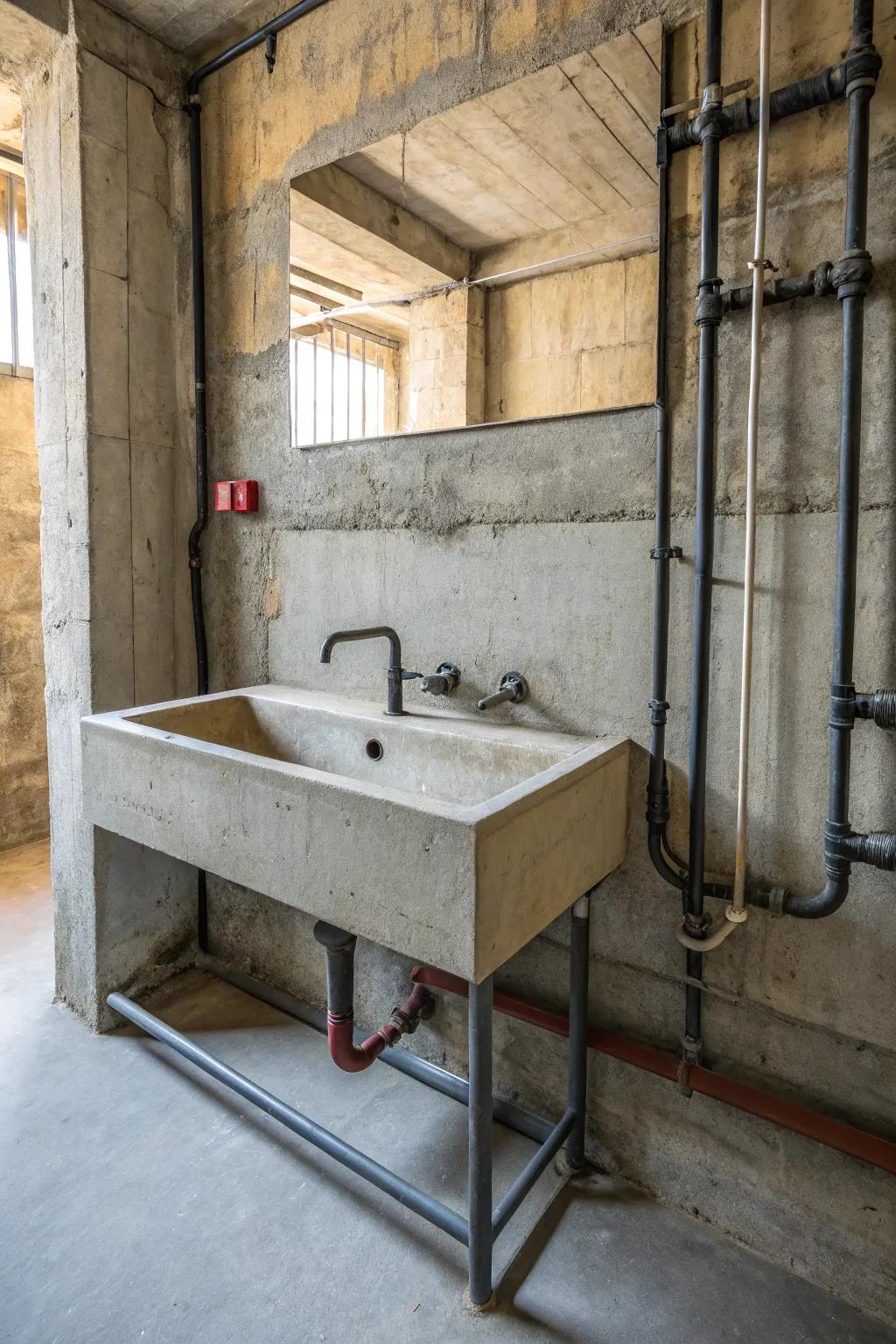 Industrial-style bathroom with a concrete sink and metal fixtures.