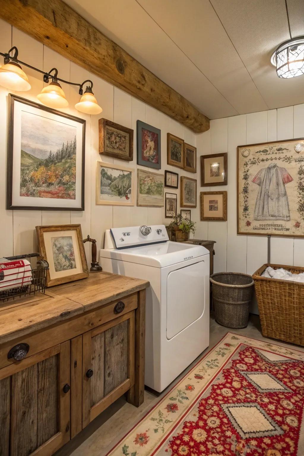 Vintage art adds a splash of personality to your laundry room.