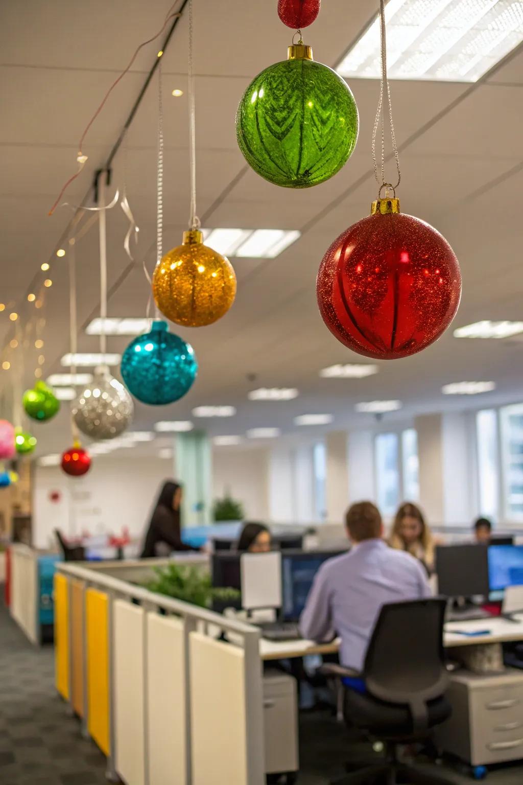 Hanging ornaments create a floating festive atmosphere.