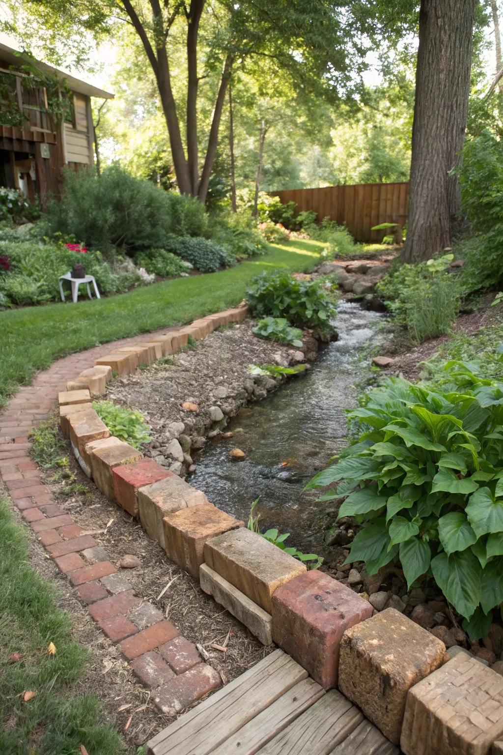 Recycled materials add character and sustainability to your creekside landscape.