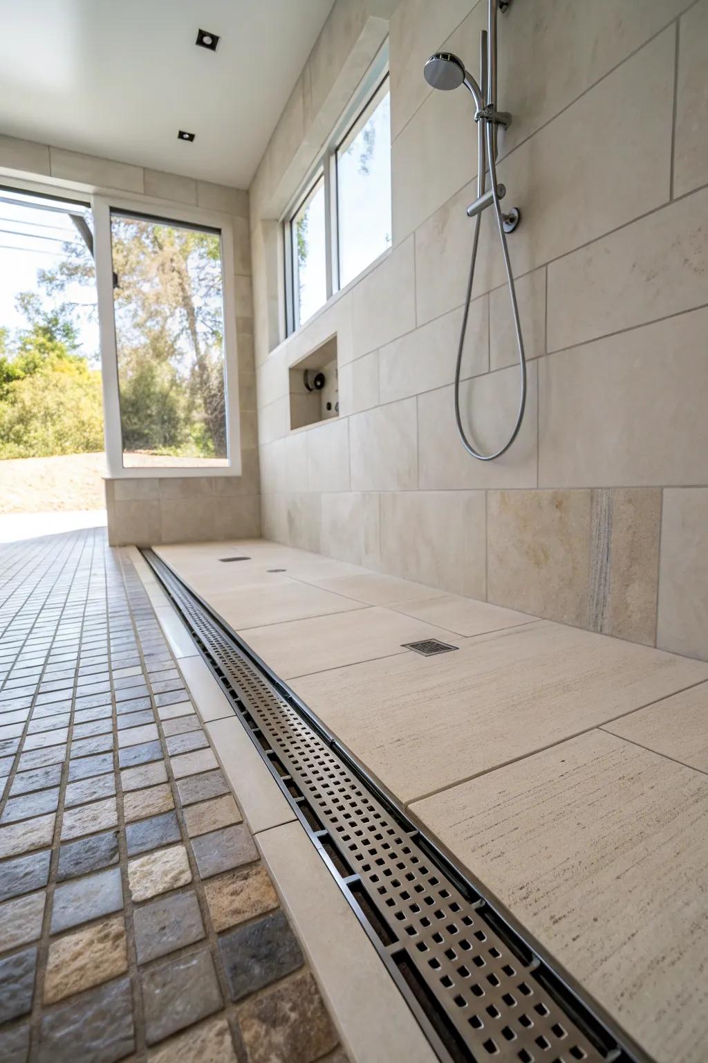 A linear drain complements the streamlined, contemporary blueprint of this shower.