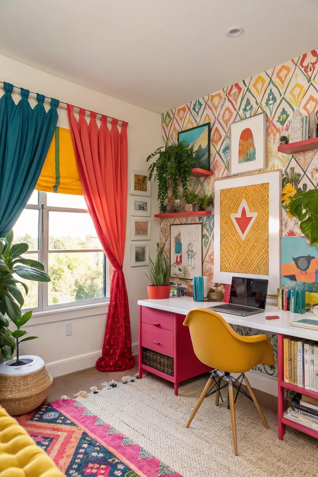 Imbue dynamism and ingenuity through bold-colored valances within your office.