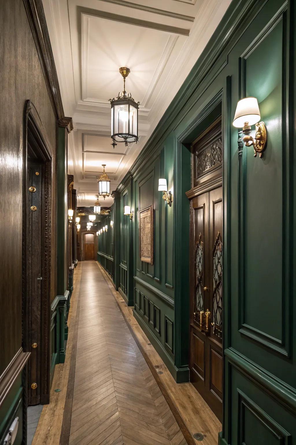 Forest green paneling adds refinement to the hallway.