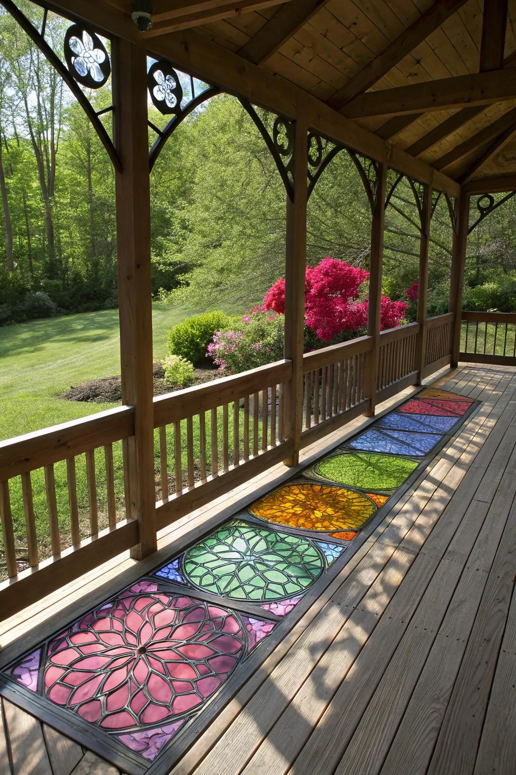 Stained glass panels offer artistic shade and a splash of color.