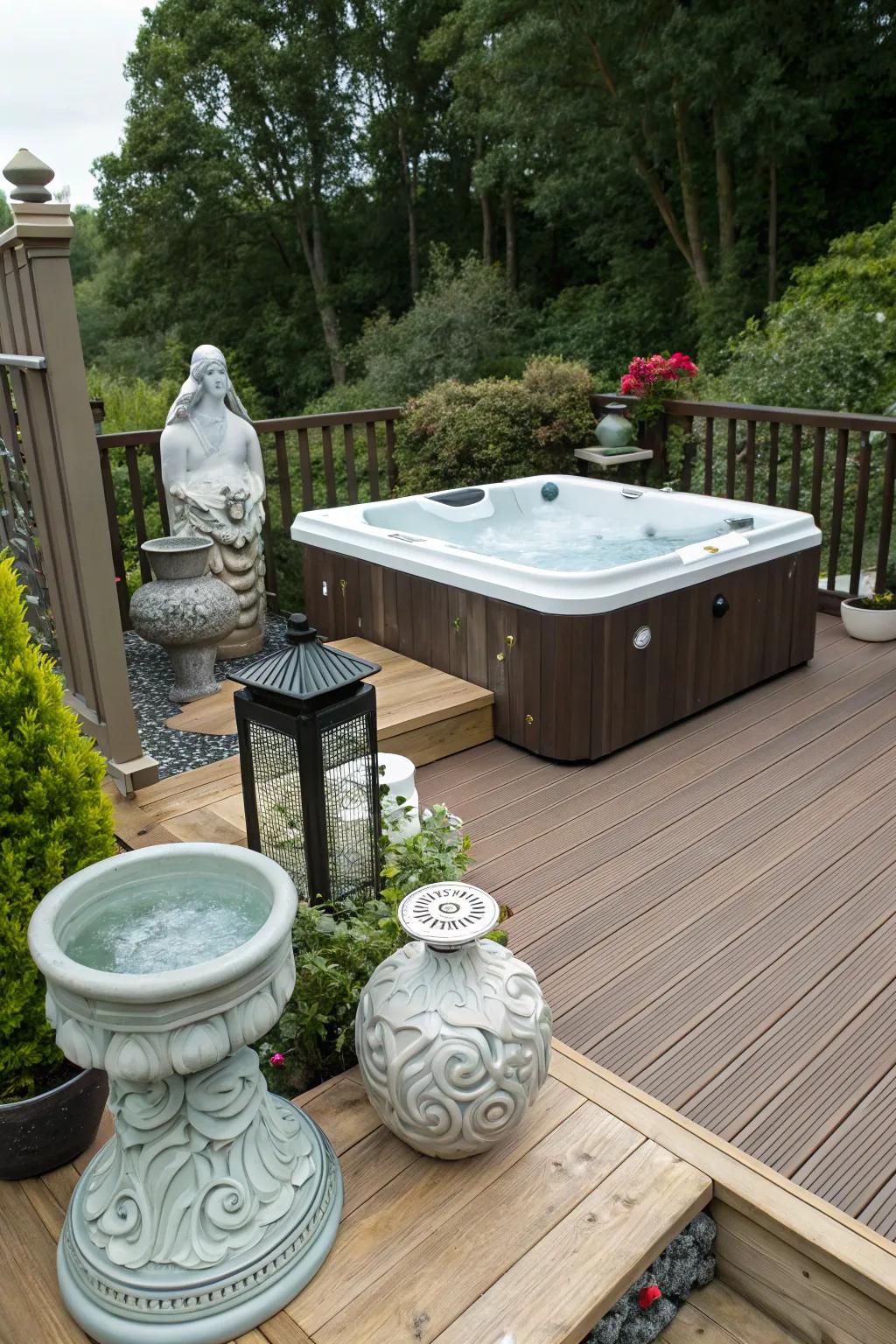 Artistic accents personalize the hot tub deck.