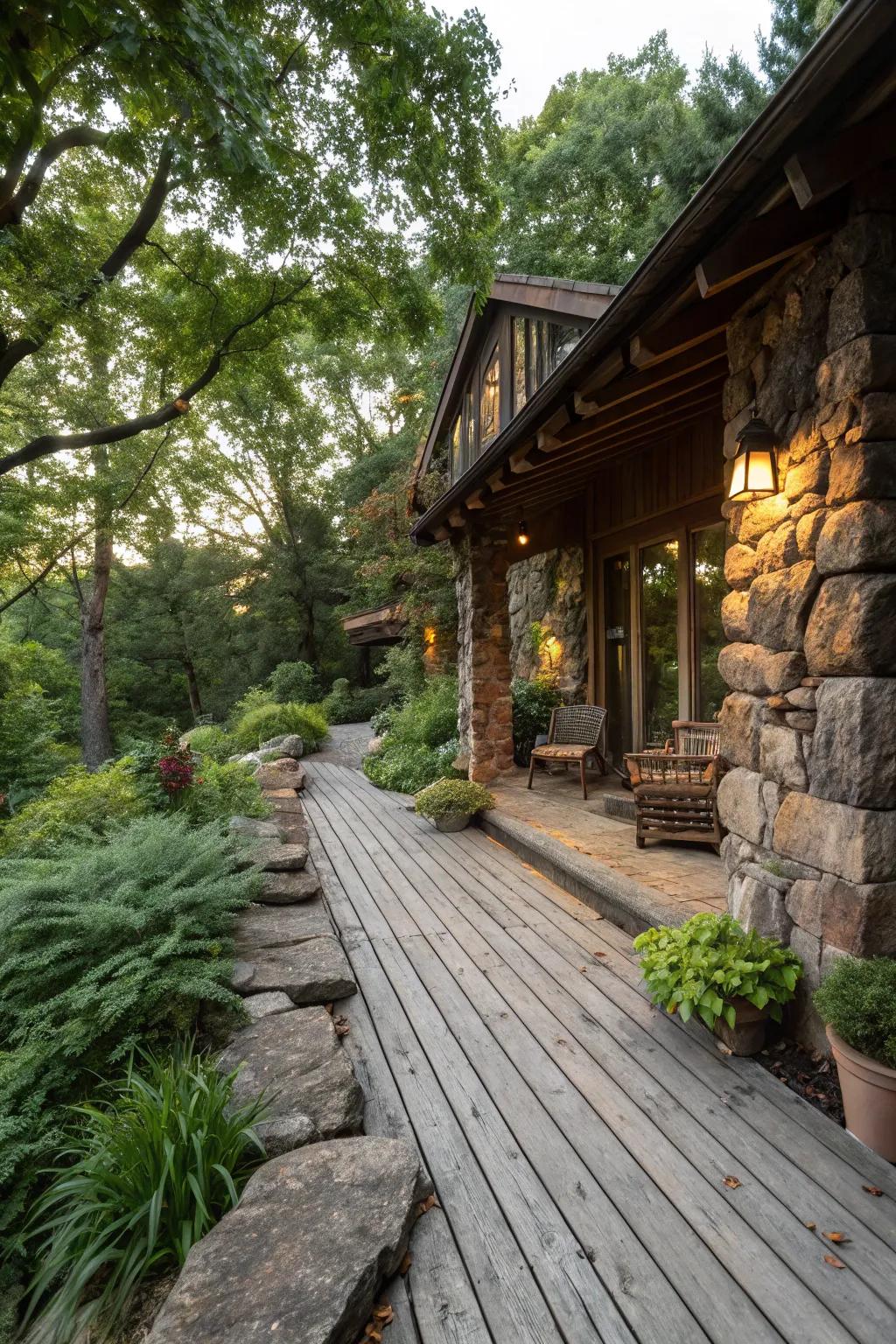 Natural materials lend this deck a rustic charm that harmonizes with its surroundings.