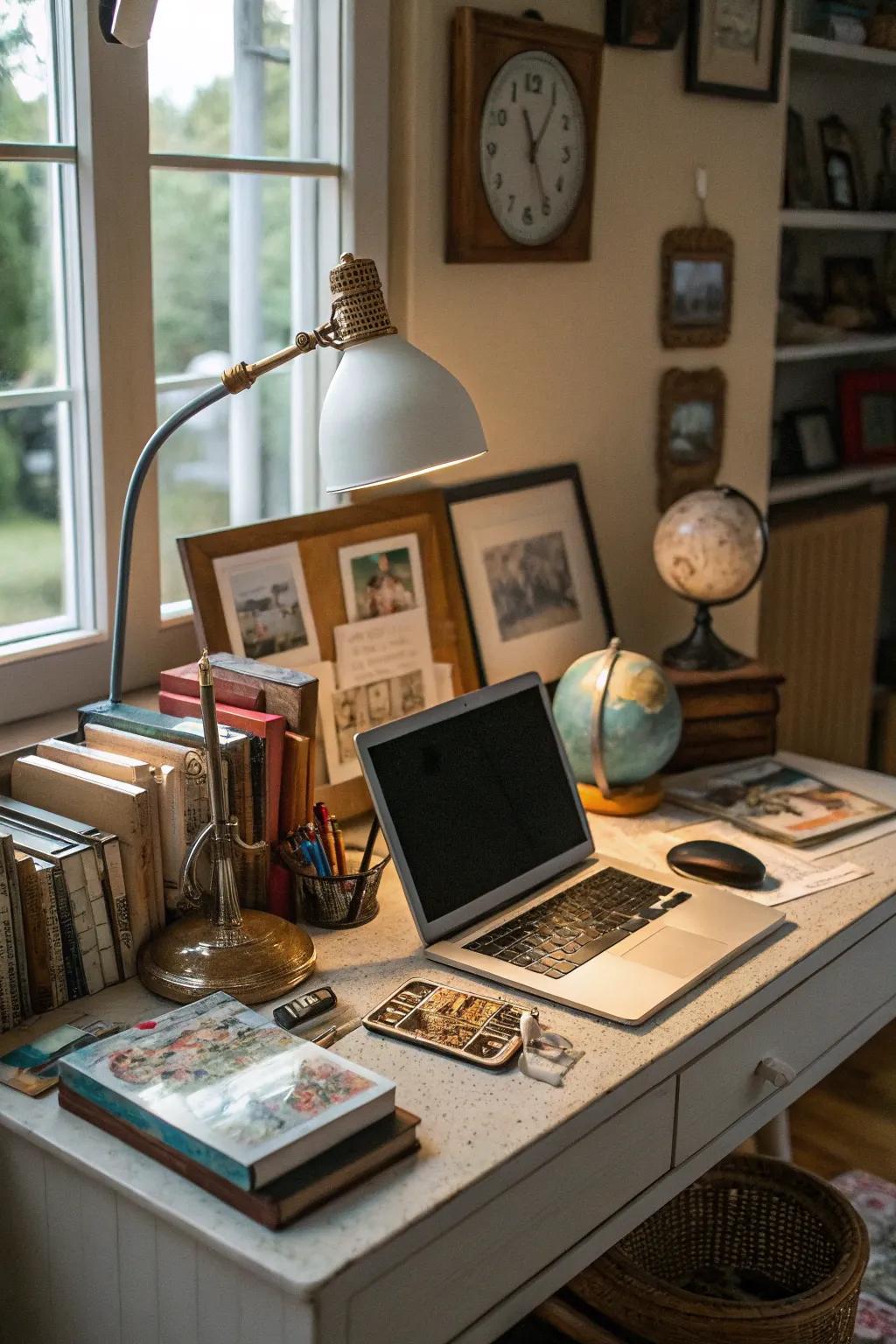 Personal mementos adding sentimental value to the workspace.