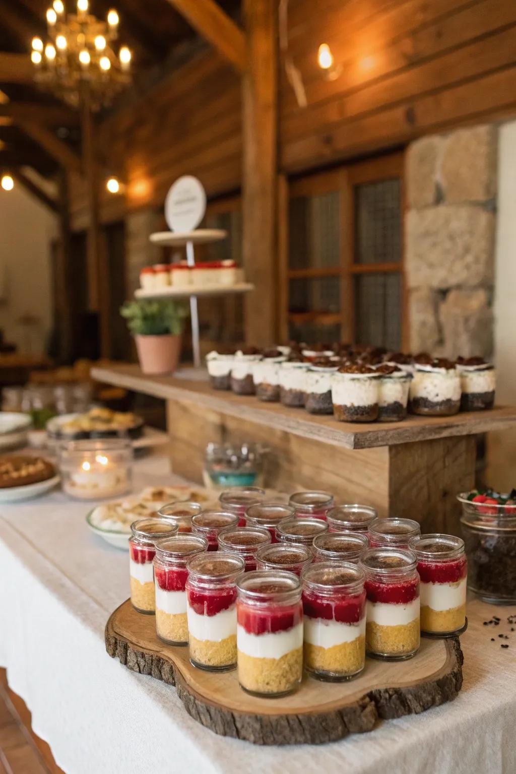 Mini dessert jars provide personalized and charming servings.