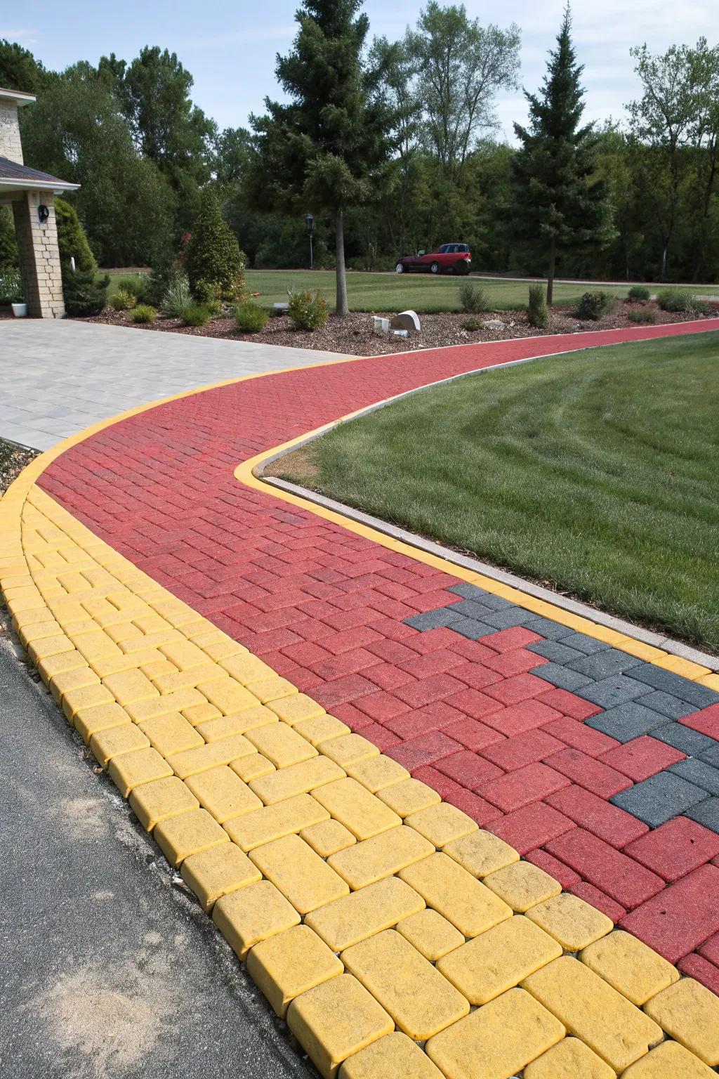 Crisp definition with contrasting paver borders for an eye-catching driveway.