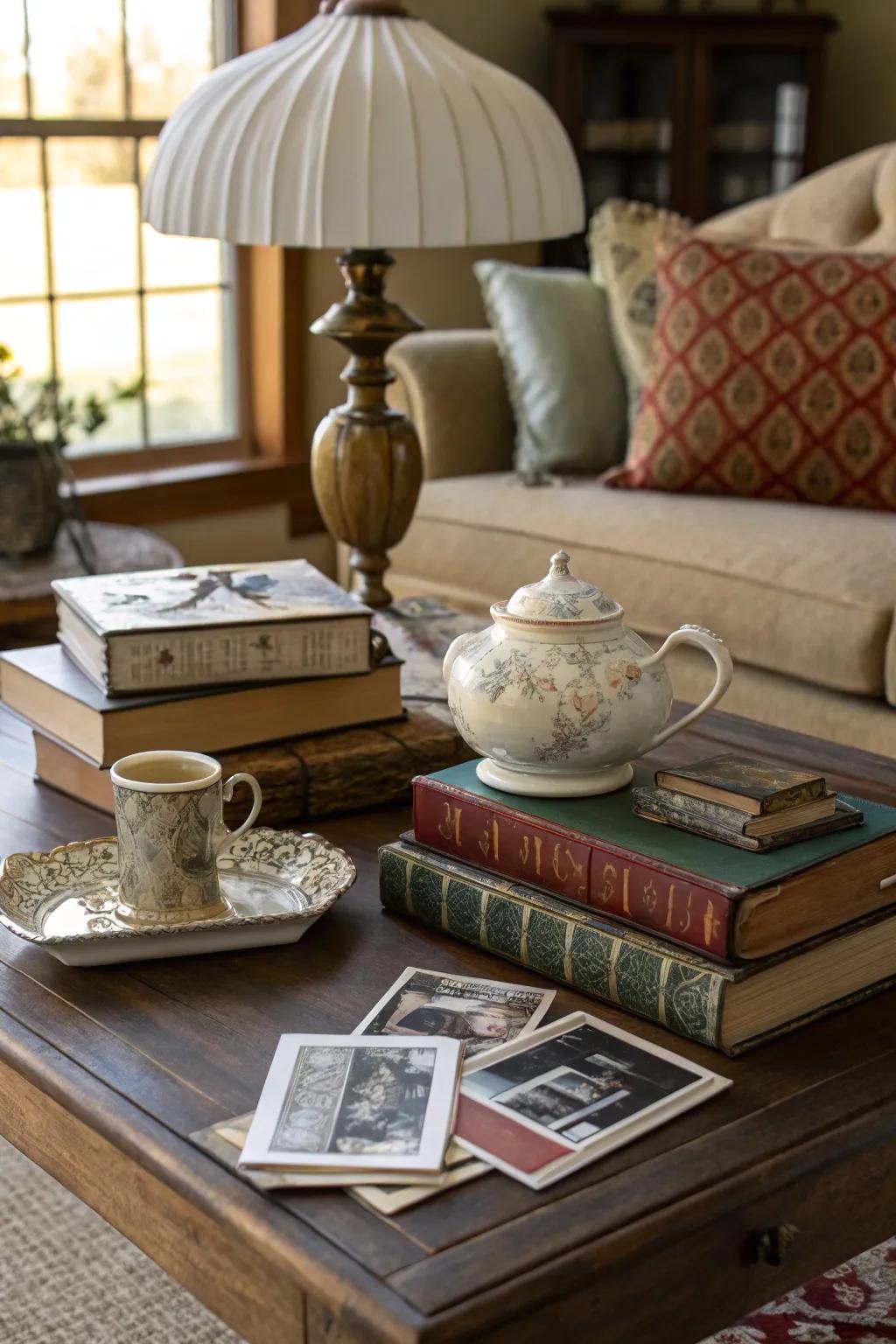 A curated scene on a coffee table displaying classic discoveries.