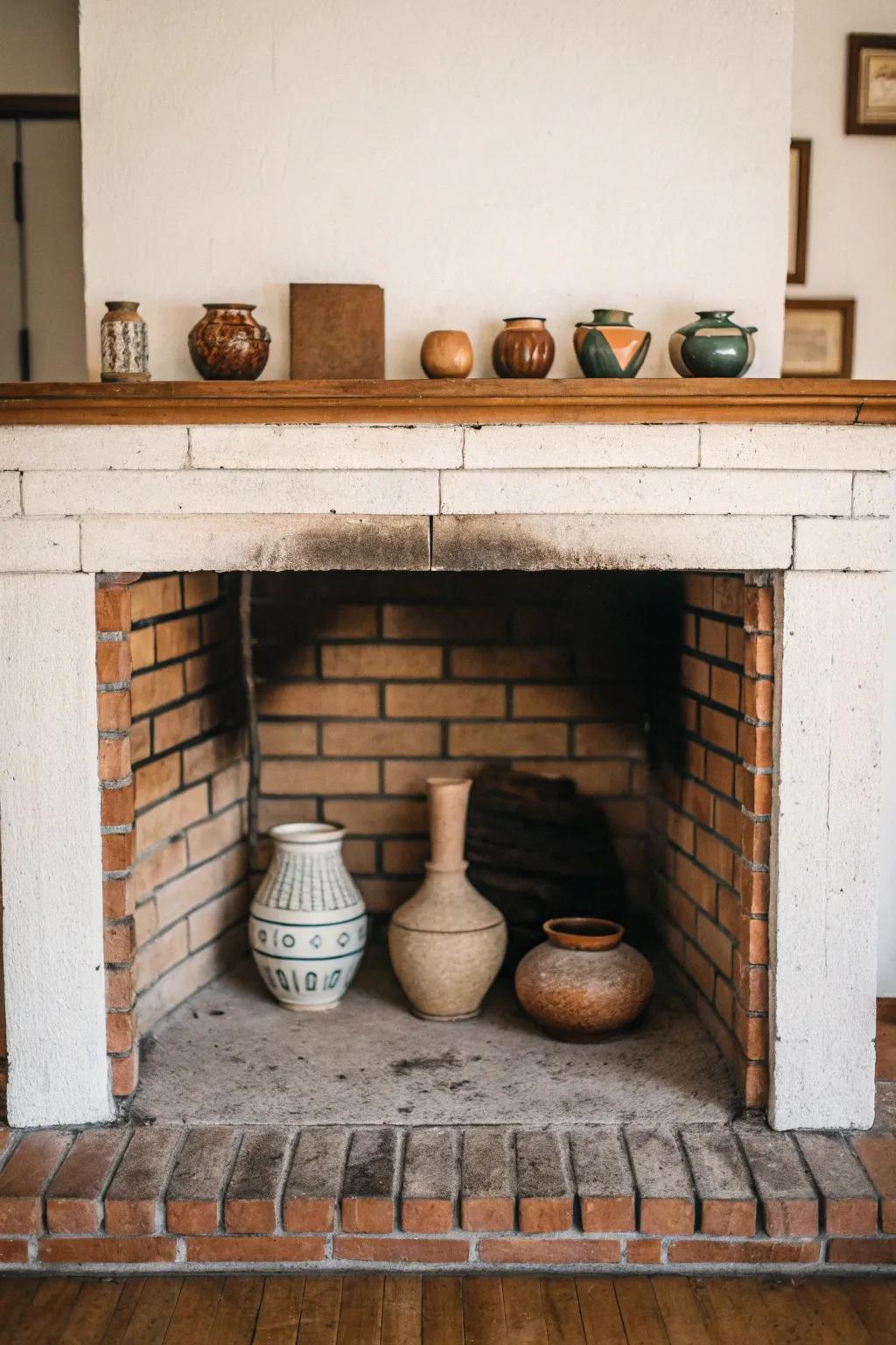 Create an artful display with pottery in your fireplace.