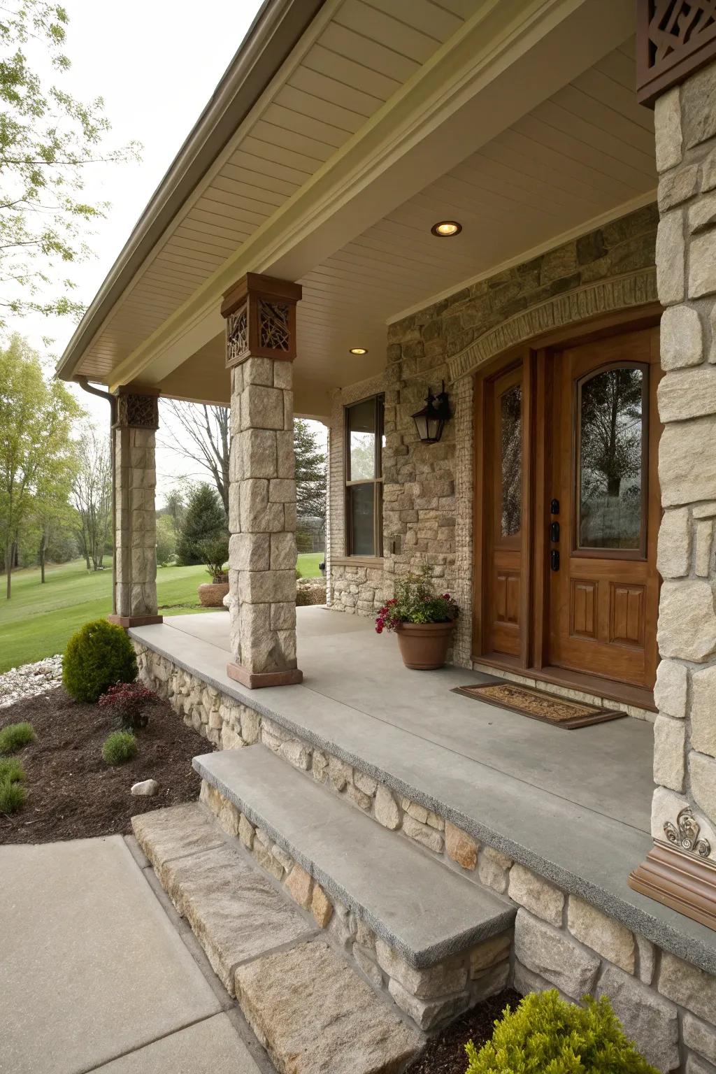 Stone accents that add cohesive charm to the porch design.