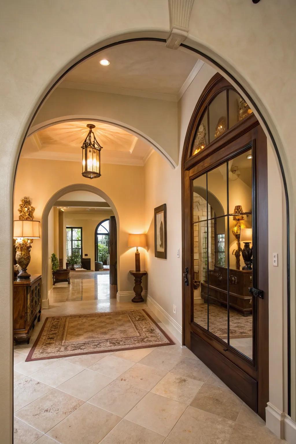 A curved mirror introduces organic shapes and elegance to the entryway.