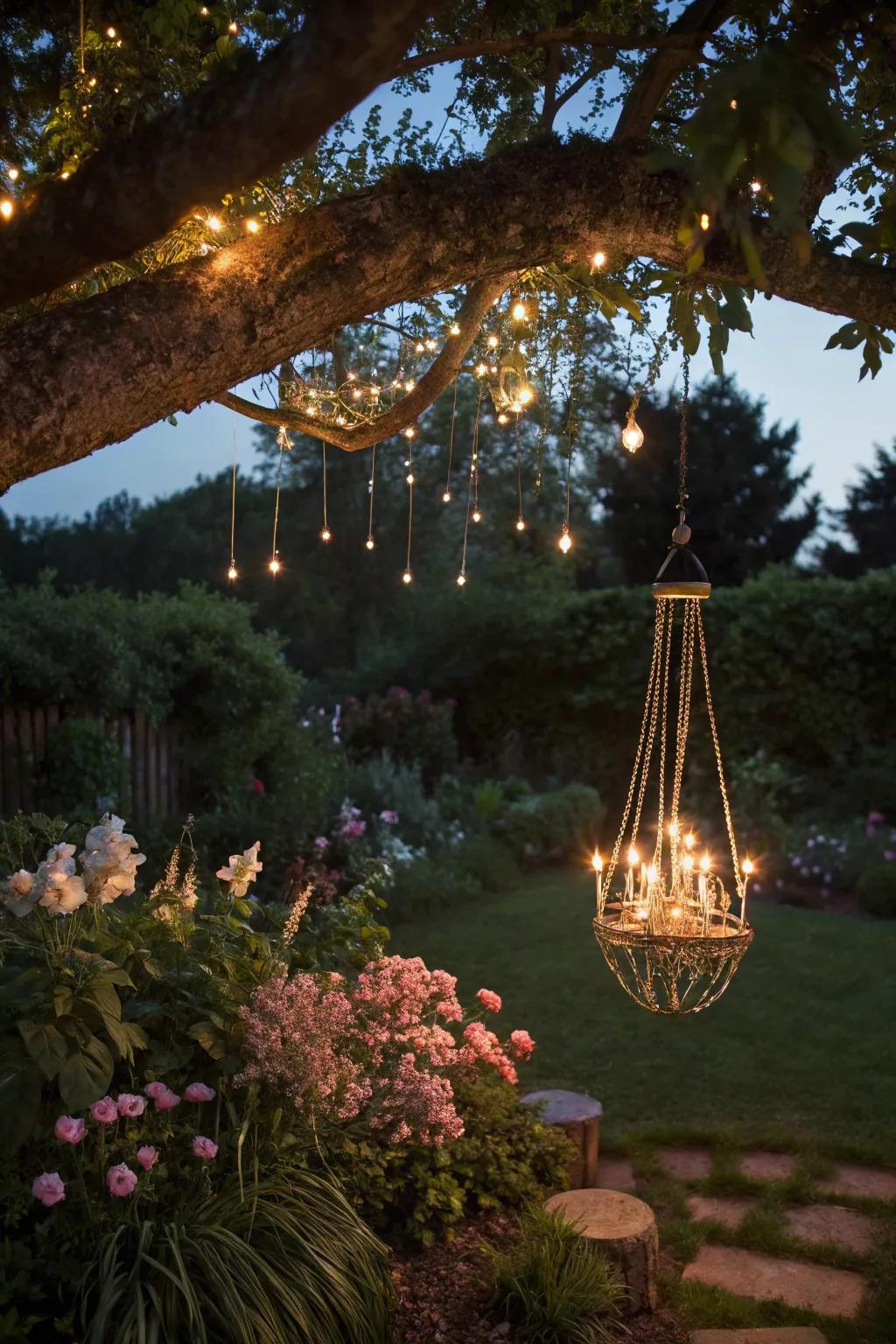 A fairy light chandelier adds elegance to outdoor settings.