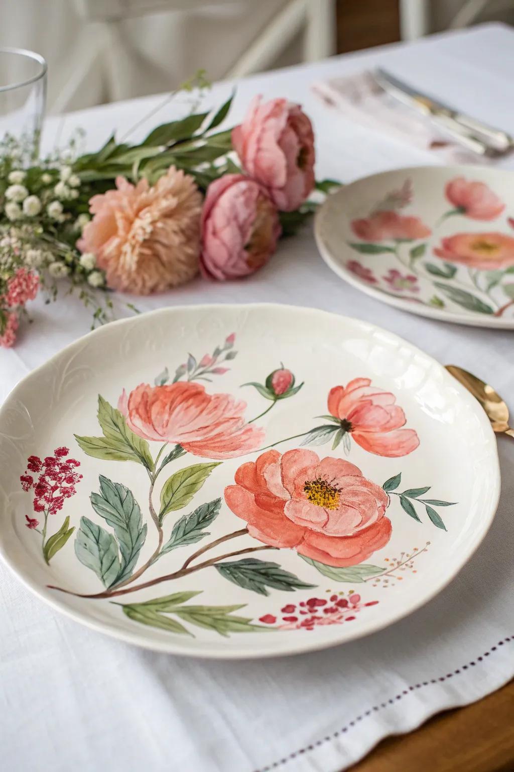 Vivid peonies add a bold and lively touch to your plate designs.