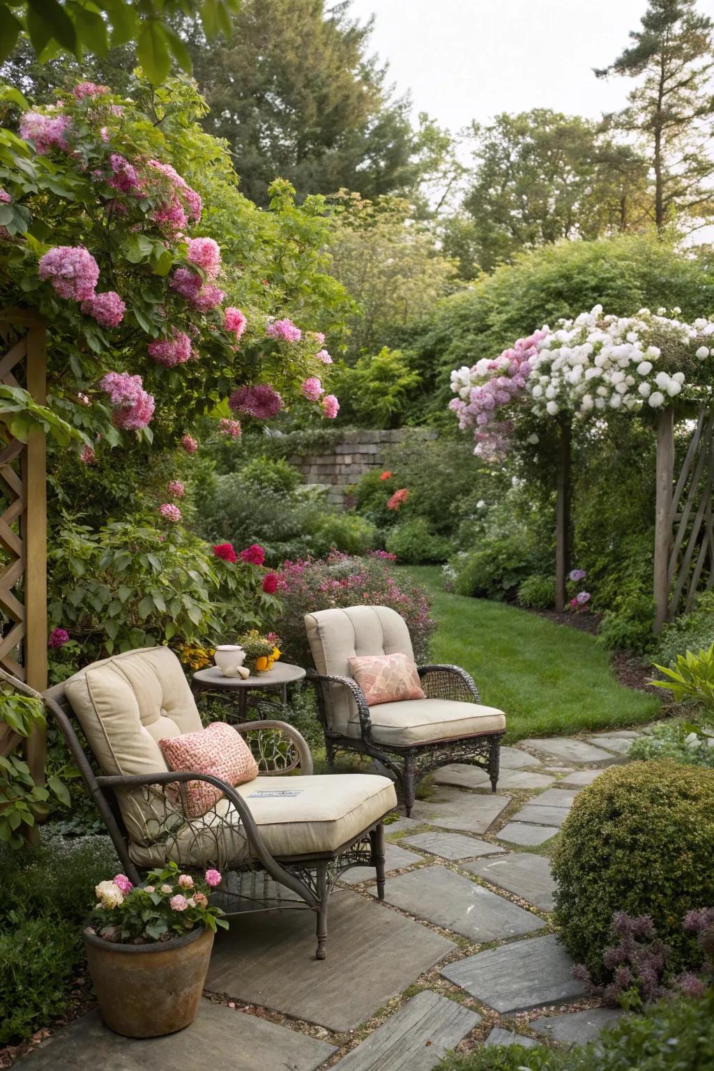 Create a peaceful garden retreat with cozy seating and blooms.