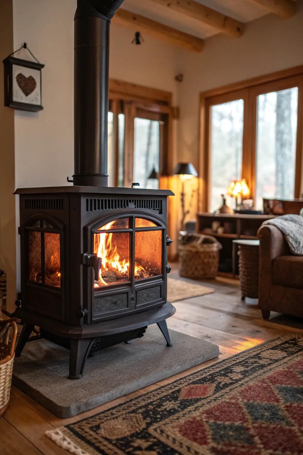 Glass doors offer a mesmerizing view of the flames.