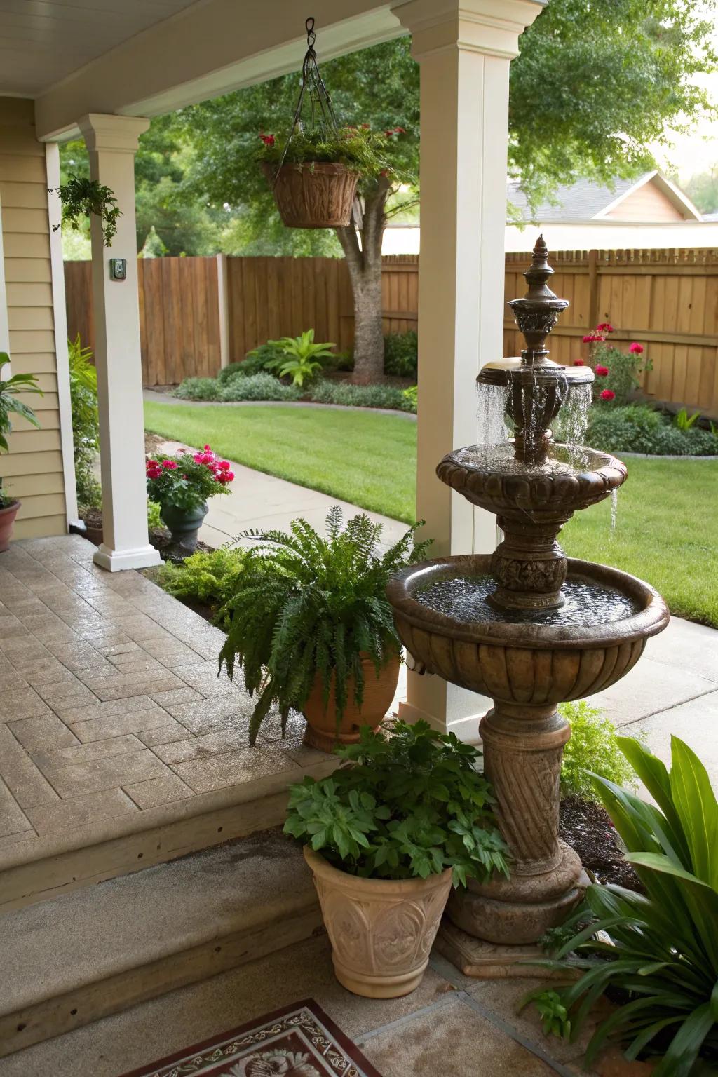 A water feature adds tranquility and movement to your porch.