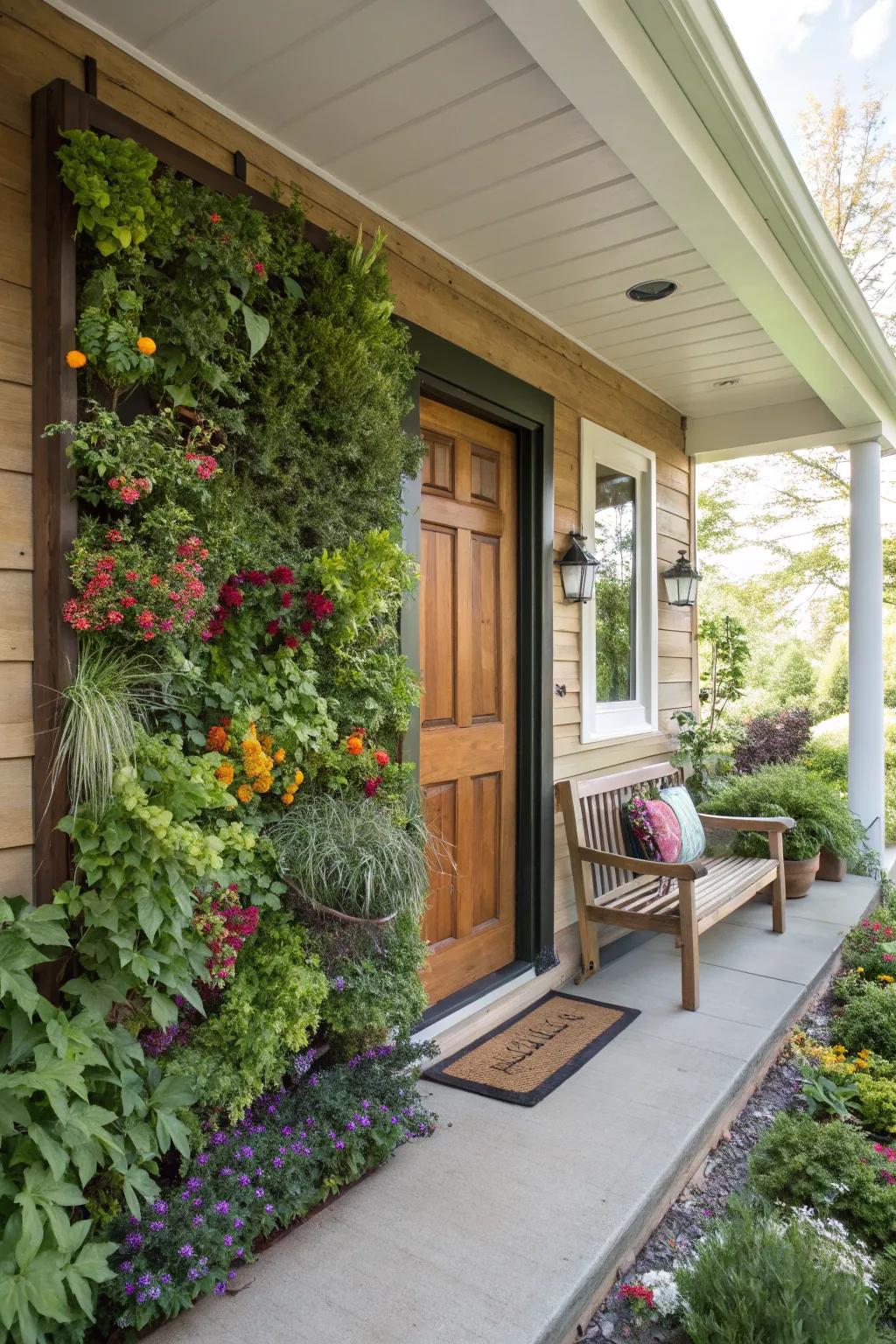 A vertical garden upon a front porch overflows with herbs and flora.