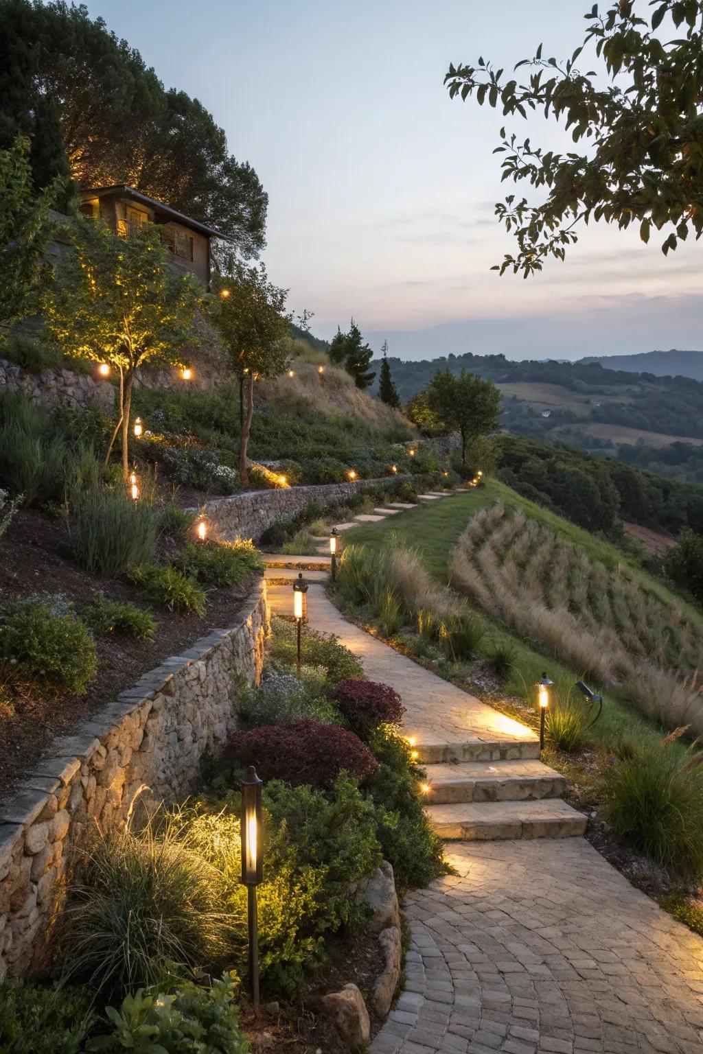 Creative lighting enhances the beauty and safety of your sloped yard.